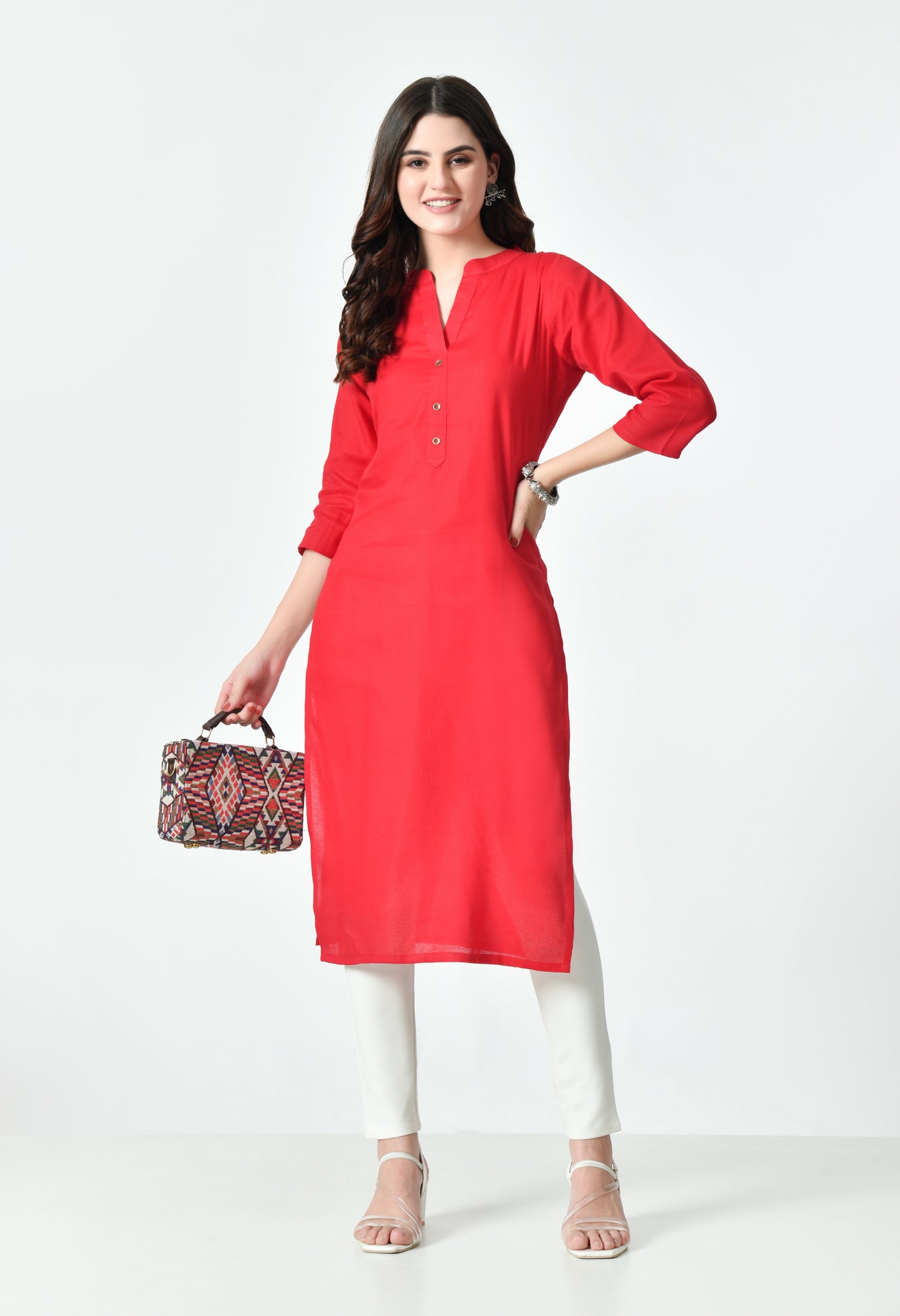 MAURYA Women's Red Color Solid Cotton Blend Regular Straight Kurti (MKT127)