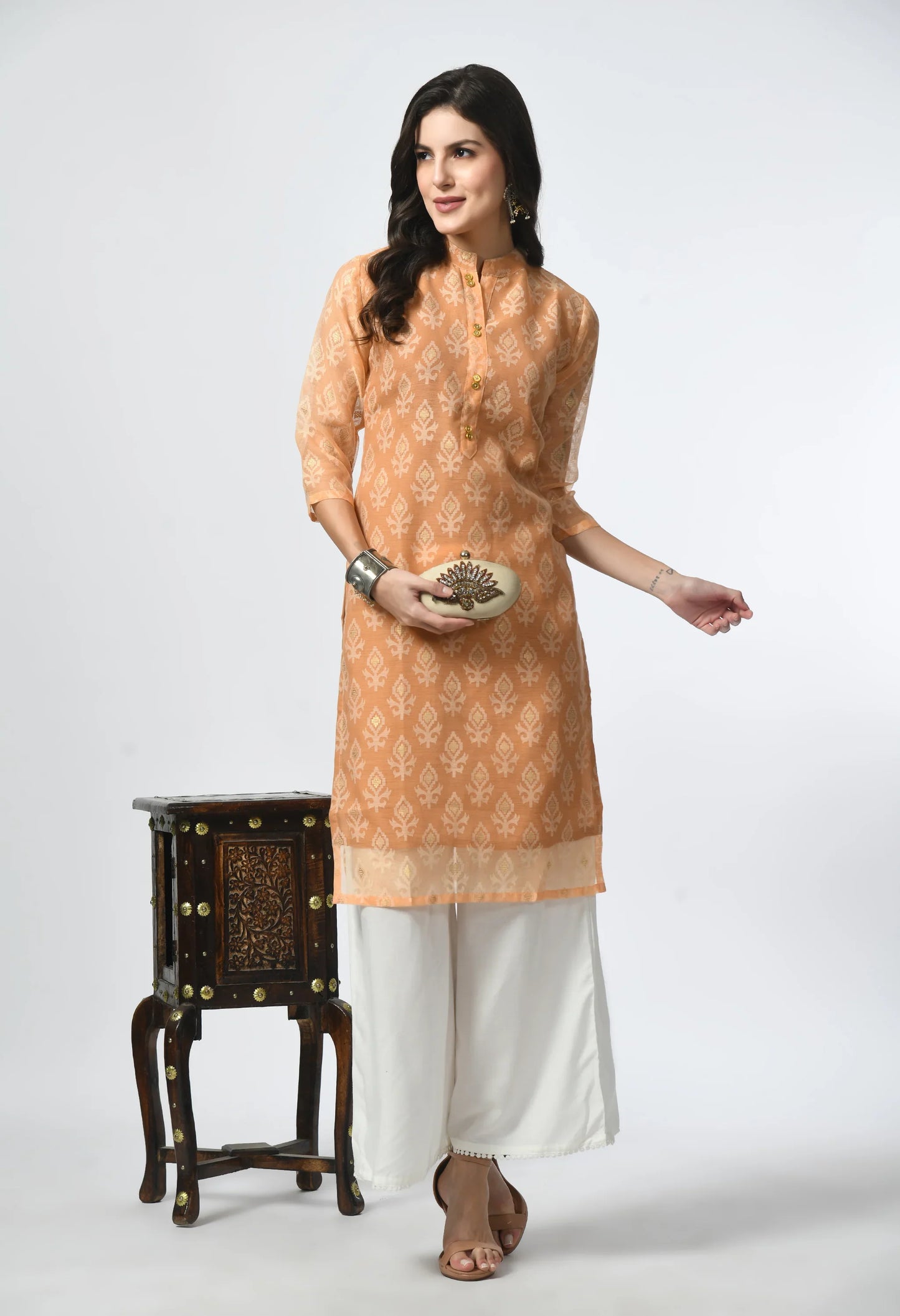 MAURYA Women's Orange Color Chanderi Braso Floral Print Straight Kurta with Cotton Lining Kurti (MKT111)