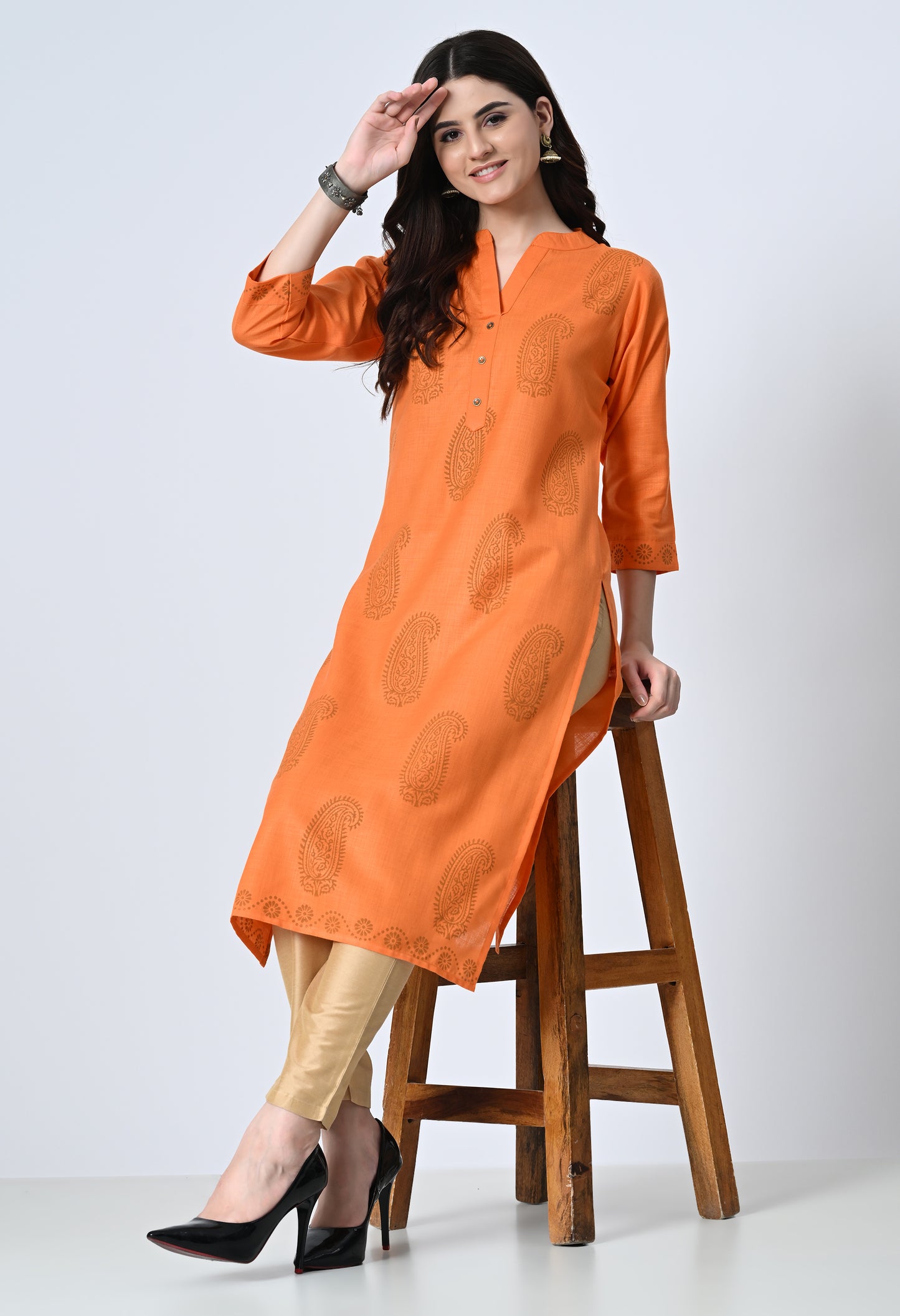 MAURYA Women's Cotton Blend Printed Orange Calf Length High Neck Straight Kurta (MKT138)
