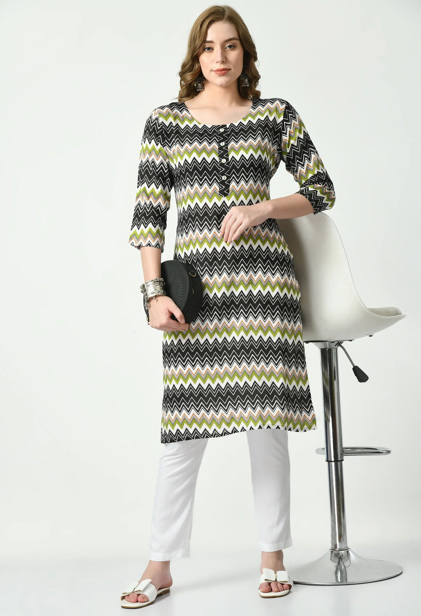 MAURYA Women's Rayon Green Color Zig-Zag Print Calf Length Straight Kurta with Buttons (MKT088)