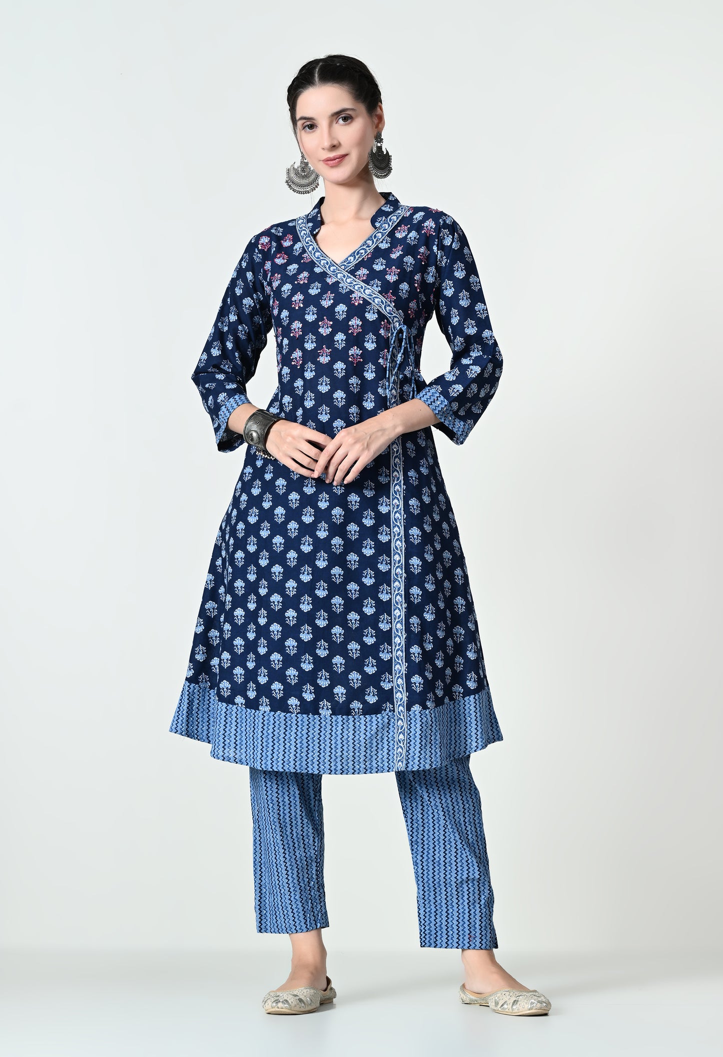 MAURYA Women's Fancy Cotton Blue Indigo Printed Hand Work Angrakhha Neck Kurta Set with Stylish Double Shade Dupatta (WMKS007)