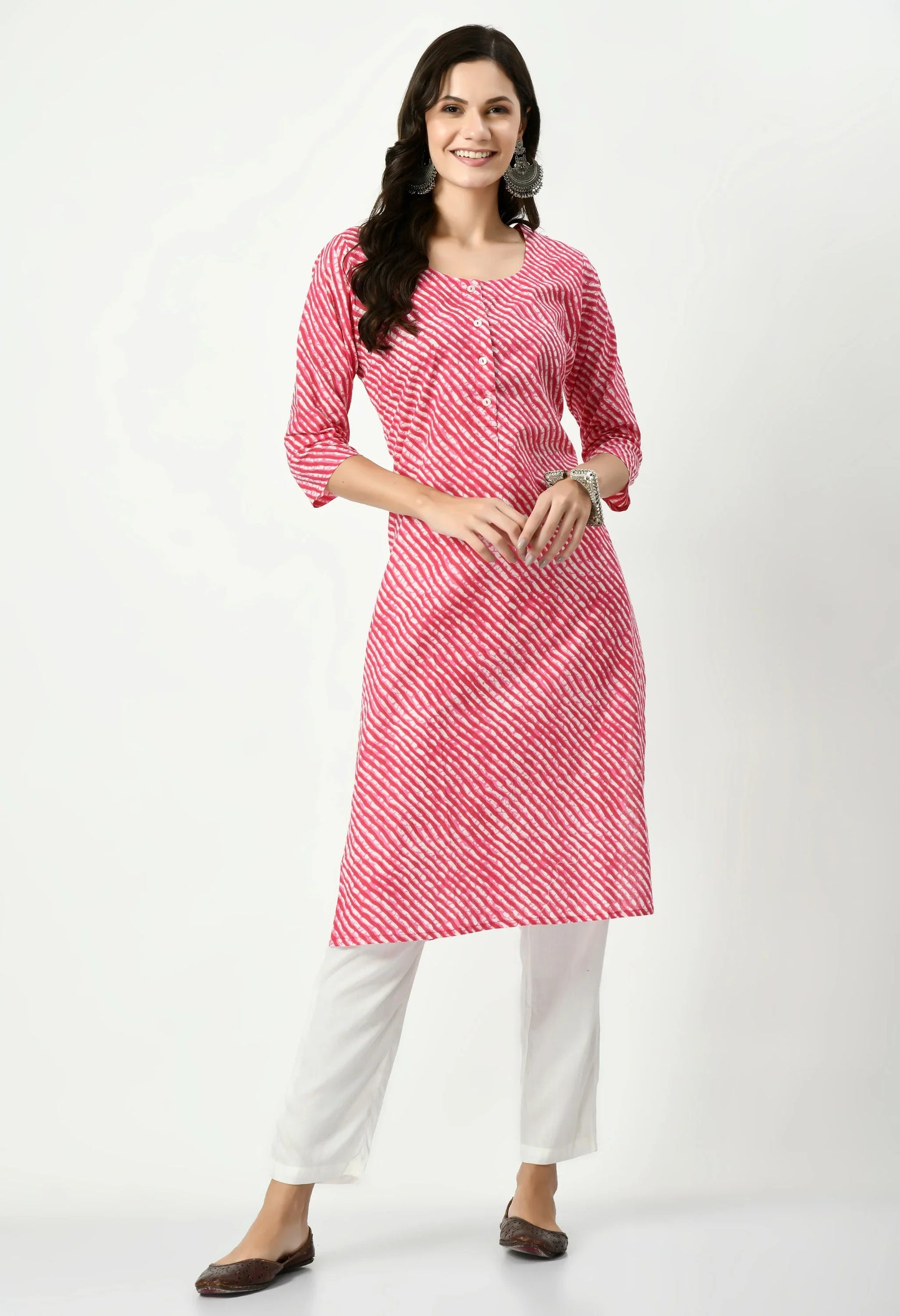 MAURYA Women's Cotton Pink Color Lehriya Print Calf Length Rround Neck Straight Kurti (MKT074)