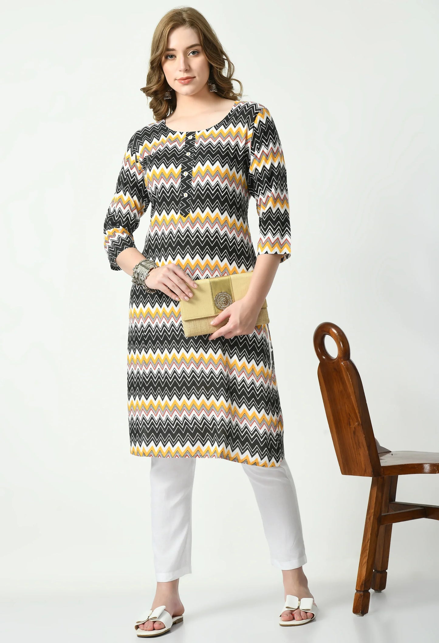 MAURYA Women's Rayon Yellow Color Zig-Zag Print Calf Length Straight Kurta with Buttons (MKT089)