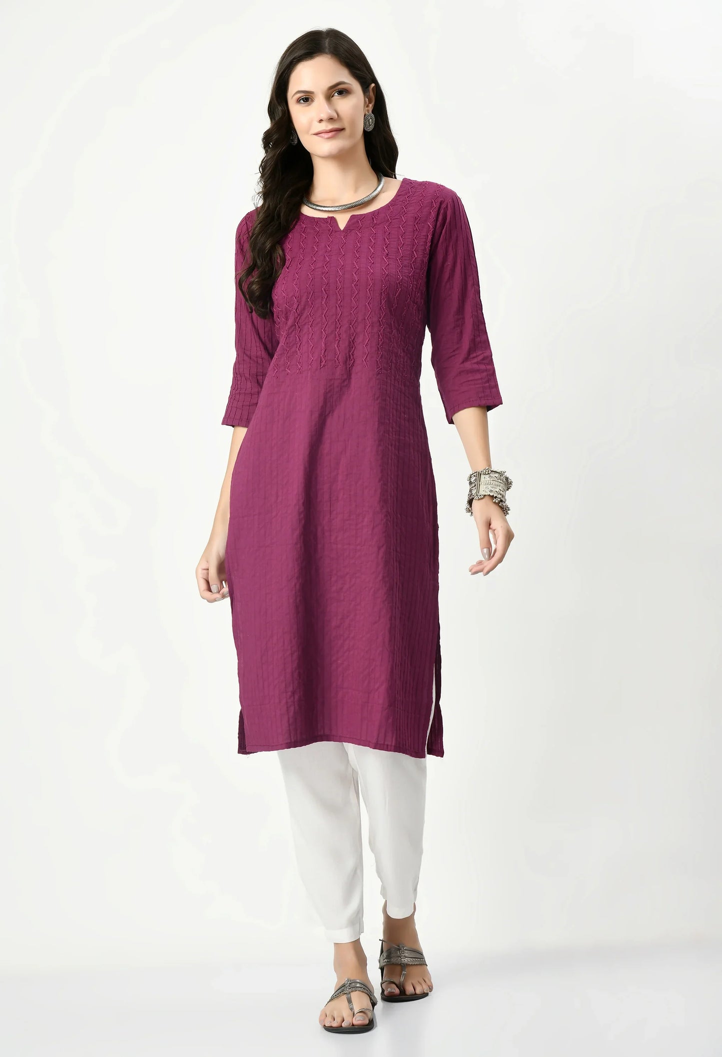 MAURYA Women's Pure Cotton Pintex Purple Hand Work Calf Length Straight Kurti (MKT080)