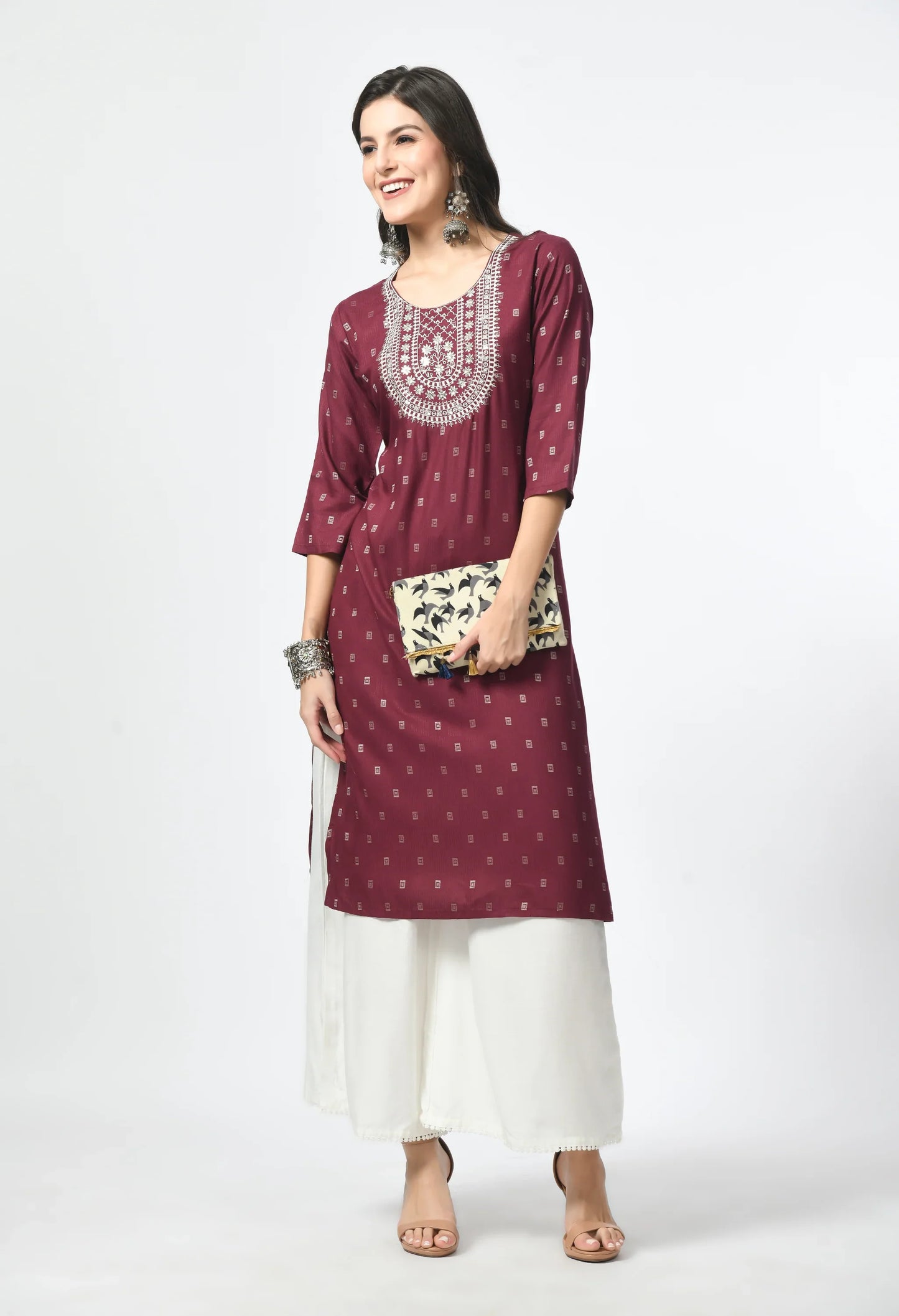 MAURYA Women's Navy Self Rayon Boota Solid Straight Kurta with Computer Embroidery Mirror Work Kurti (MKT113)