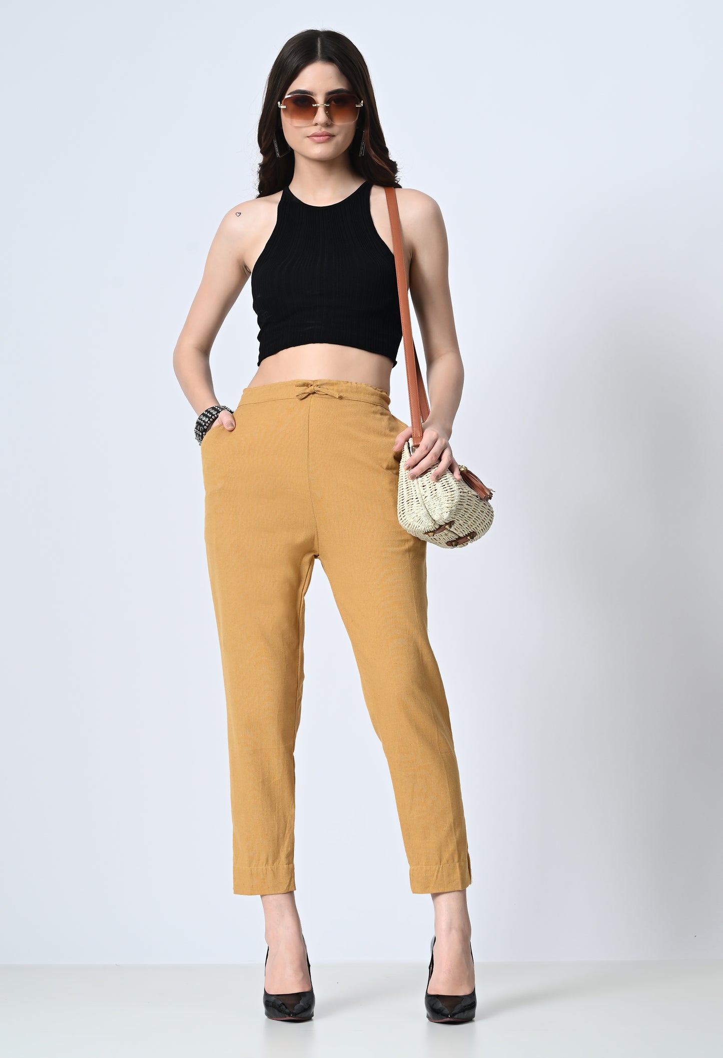 MAURYA Women's Beige Solid 100% Cotton Pant with 2 Side Pockets (MPT019)