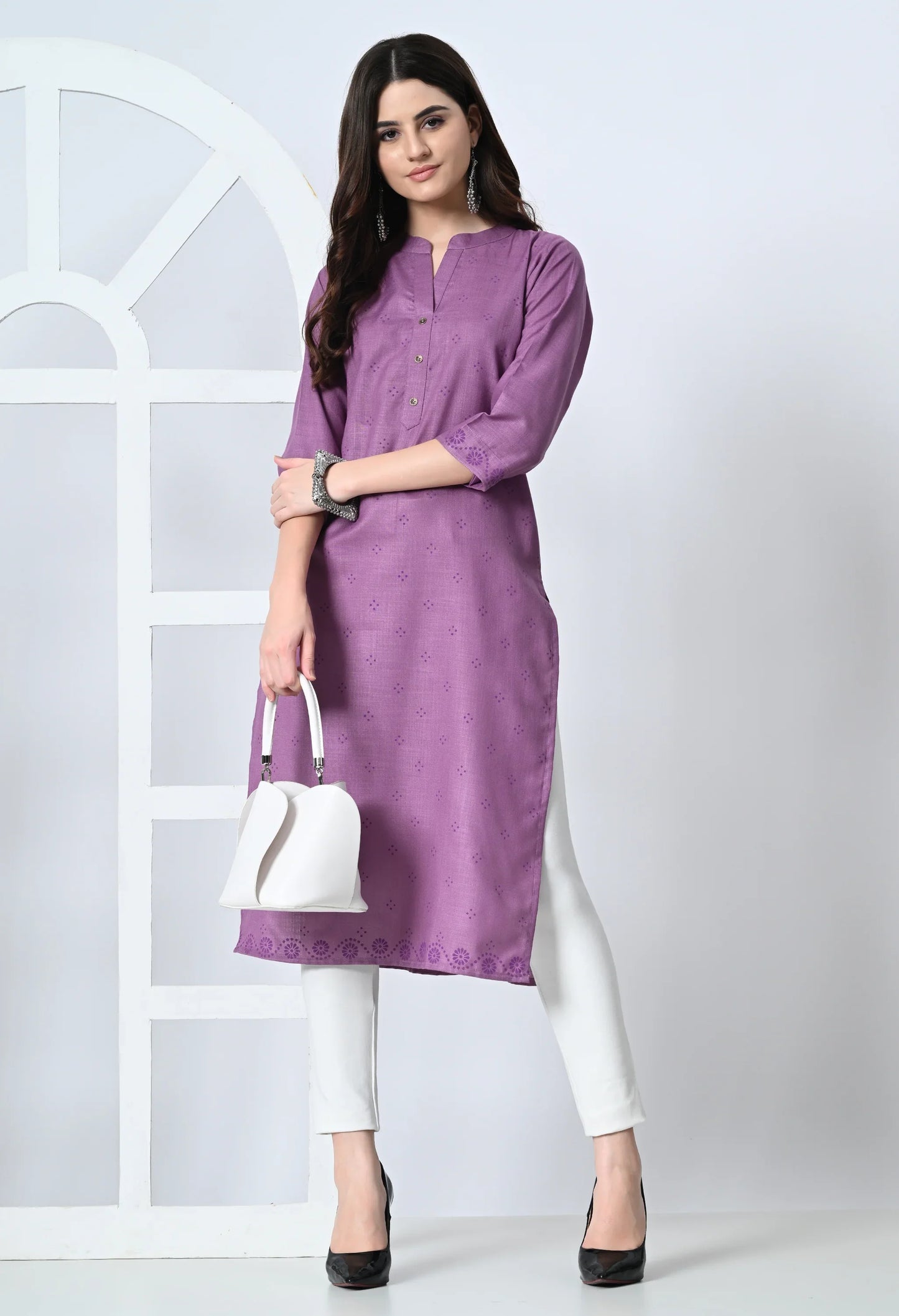 MAURYA Women's Cotton Blend Printed Purple Calf Length High Neck Straight Kurta (MKT136)