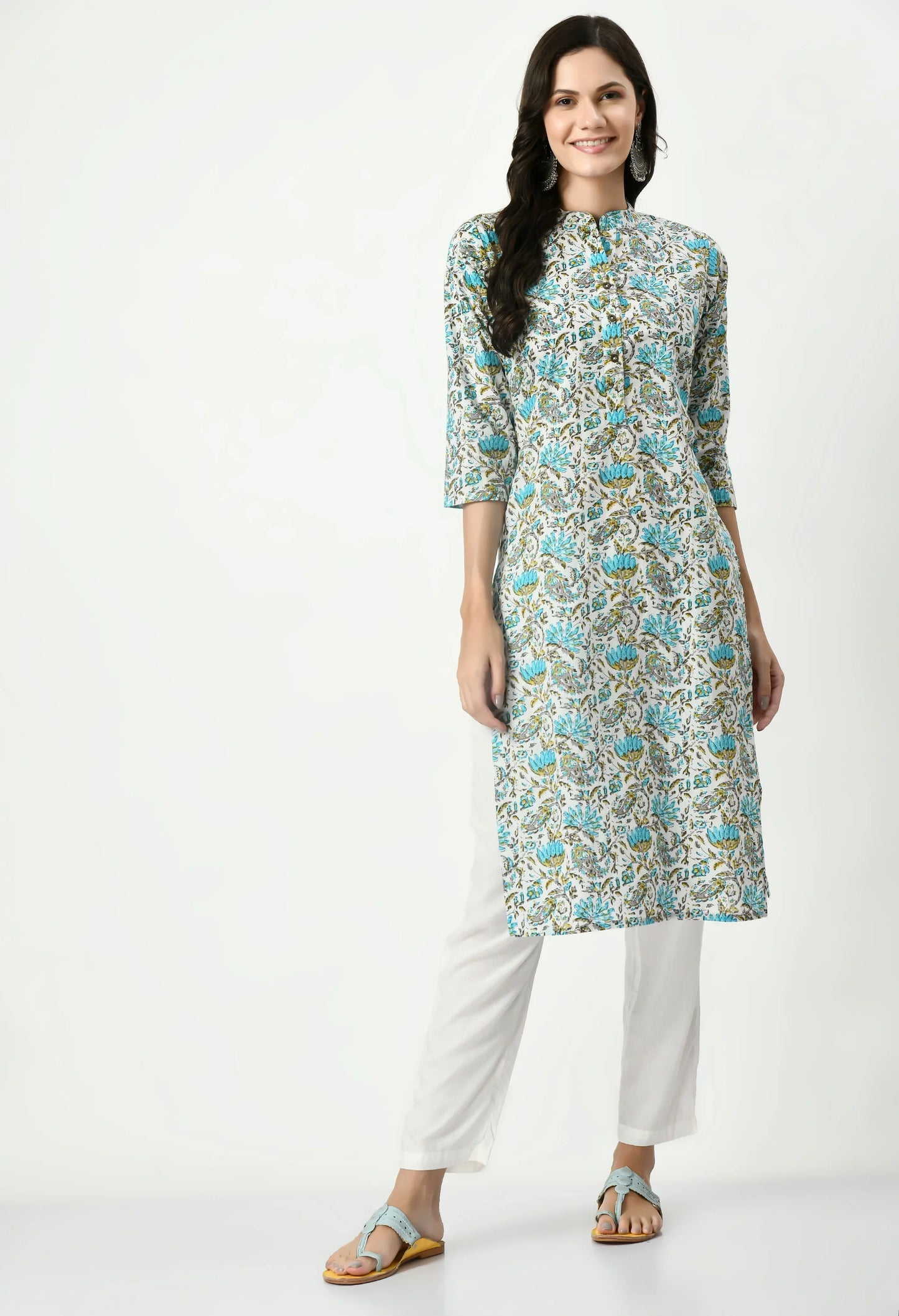 MAURYA Women's Pure Cotton Multicolor Calf Length Floral Print with Functional Buttons Straight Kurti (MKT077)