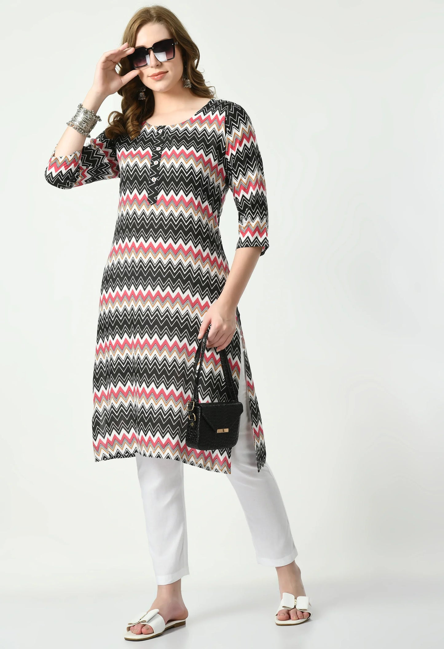 MAURYA Women's Rayon Pink Color Zig-Zag Print Calf Length Straight Kurta with Buttons (MKT090)