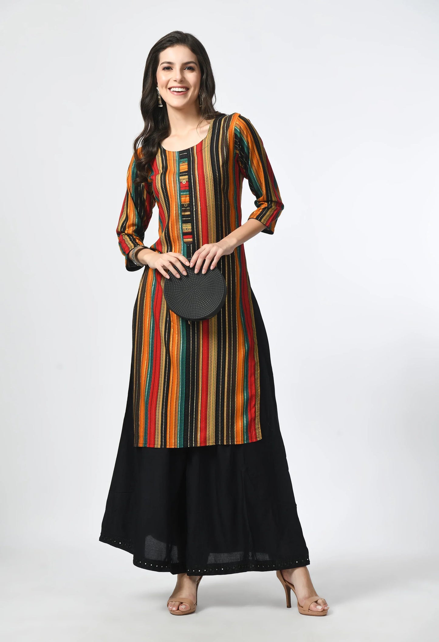 MAURYA Women's Multicolor Rayon 12Kg Striped Straight Button Kurti (MKT118)