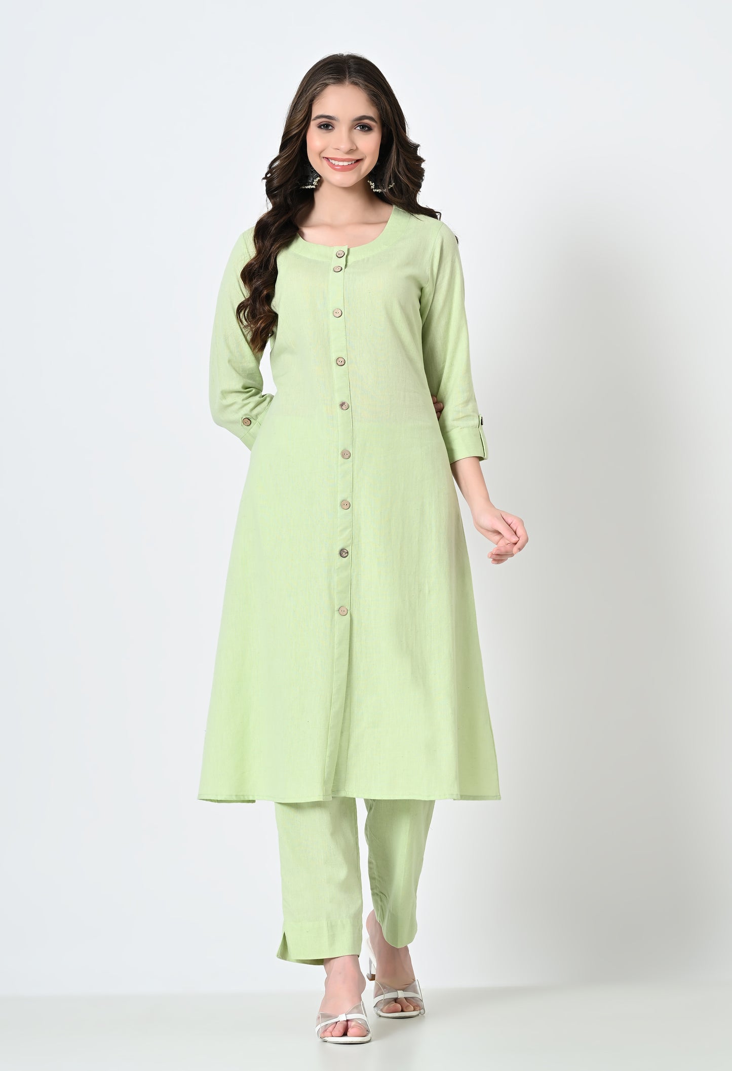 MAURYA Women's Cotton Flex Solid Pista A line Buttoned Kurta with Pant with 2 Side Pocket (MKS045)