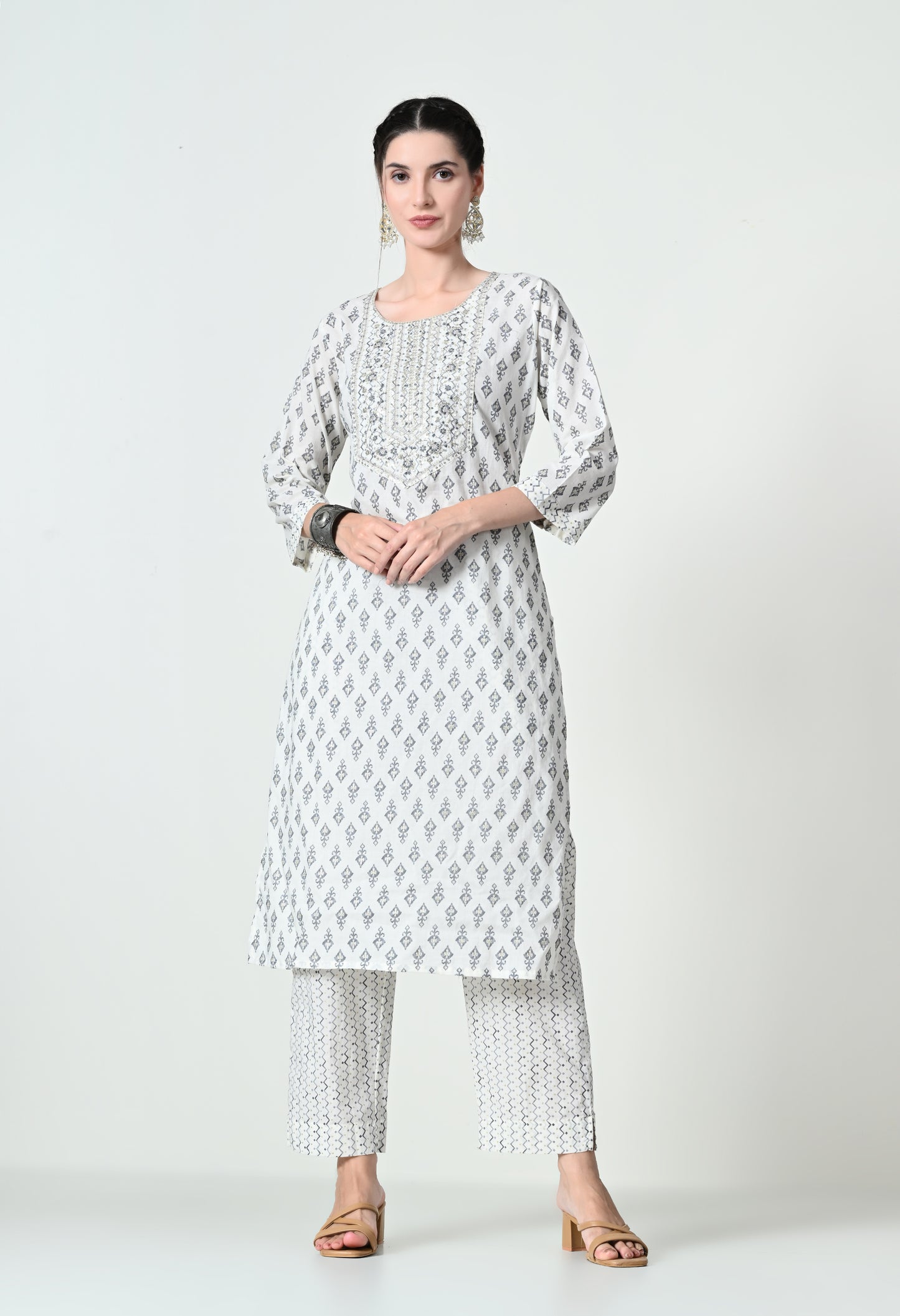 MAURYA Women's 100% Cotton Off White Foil Print Embroidery with Sequence Kurta Set with Dupatta (WMKS011)