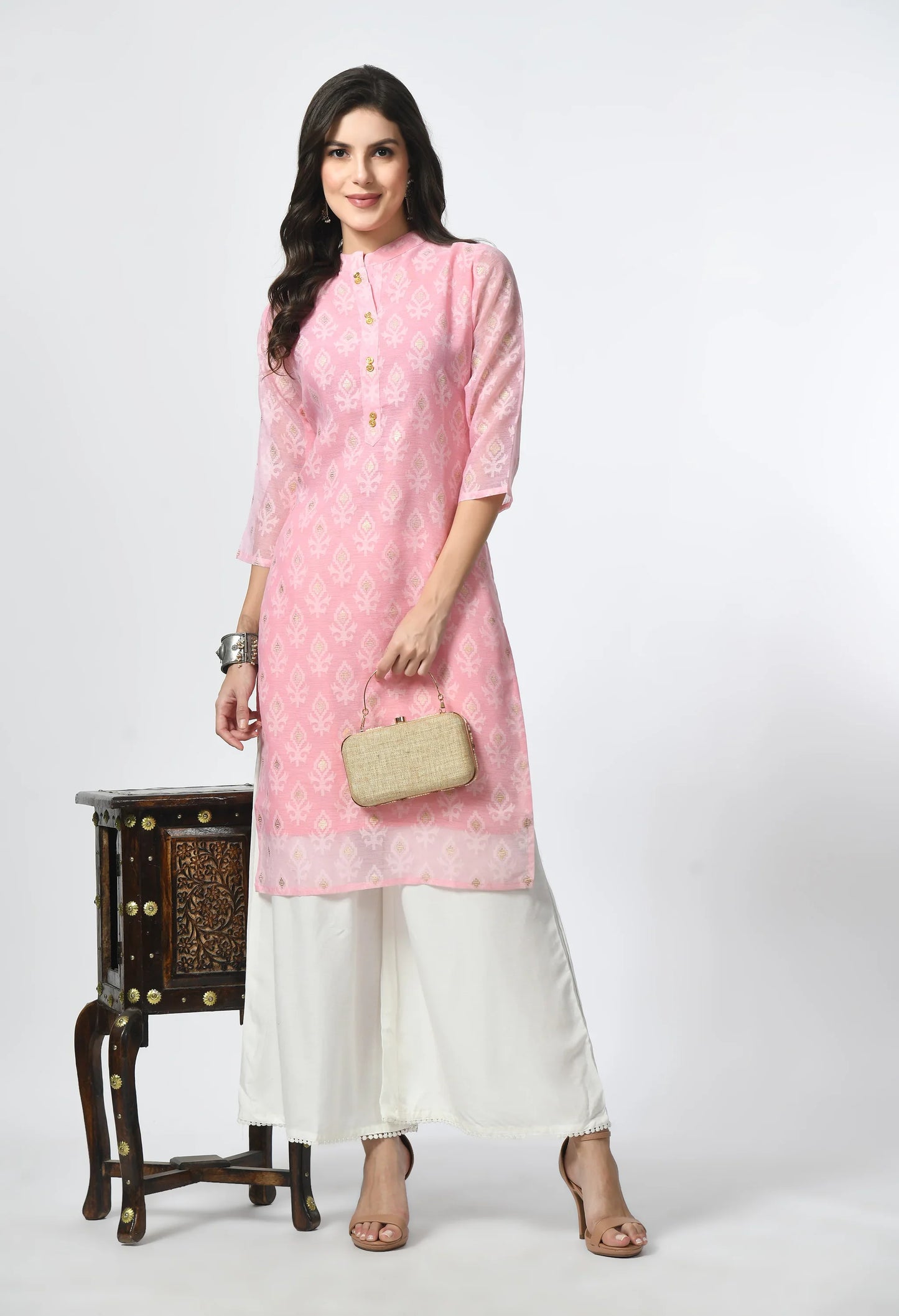MAURYA Women's Pink Color Chanderi Braso Floral Print Straight Kurta with Cotton Lining Kurti (MKT110)