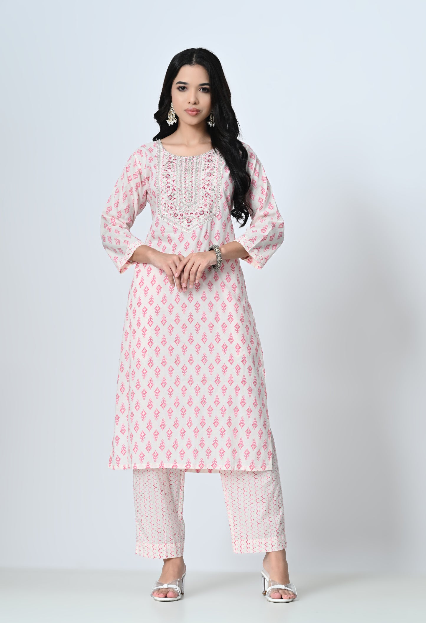 MAURYA Women's 100% Cotton Off Pink Foil Print Embroidery with Sequence Kurta Set with Dupatta (WMKS012)