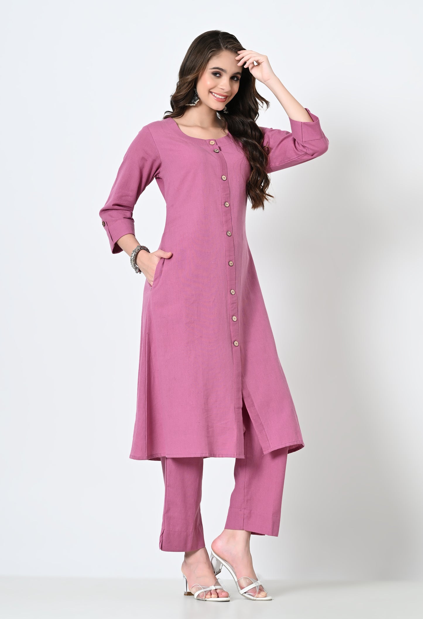 MAURYA Women's Cotton Flex Solid Piyaji A line Buttoned Kurta with Pant with 2 Side Pocket (MKS047)