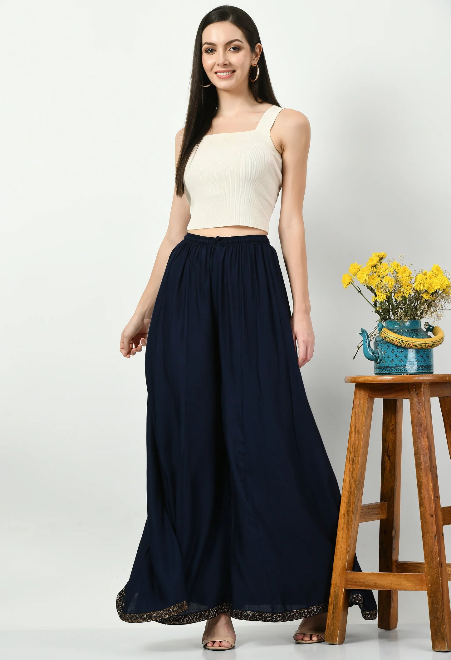 MAURYA Women's Navy Solid Elasticated Loose Fit Lace Palazzo (MPL006)