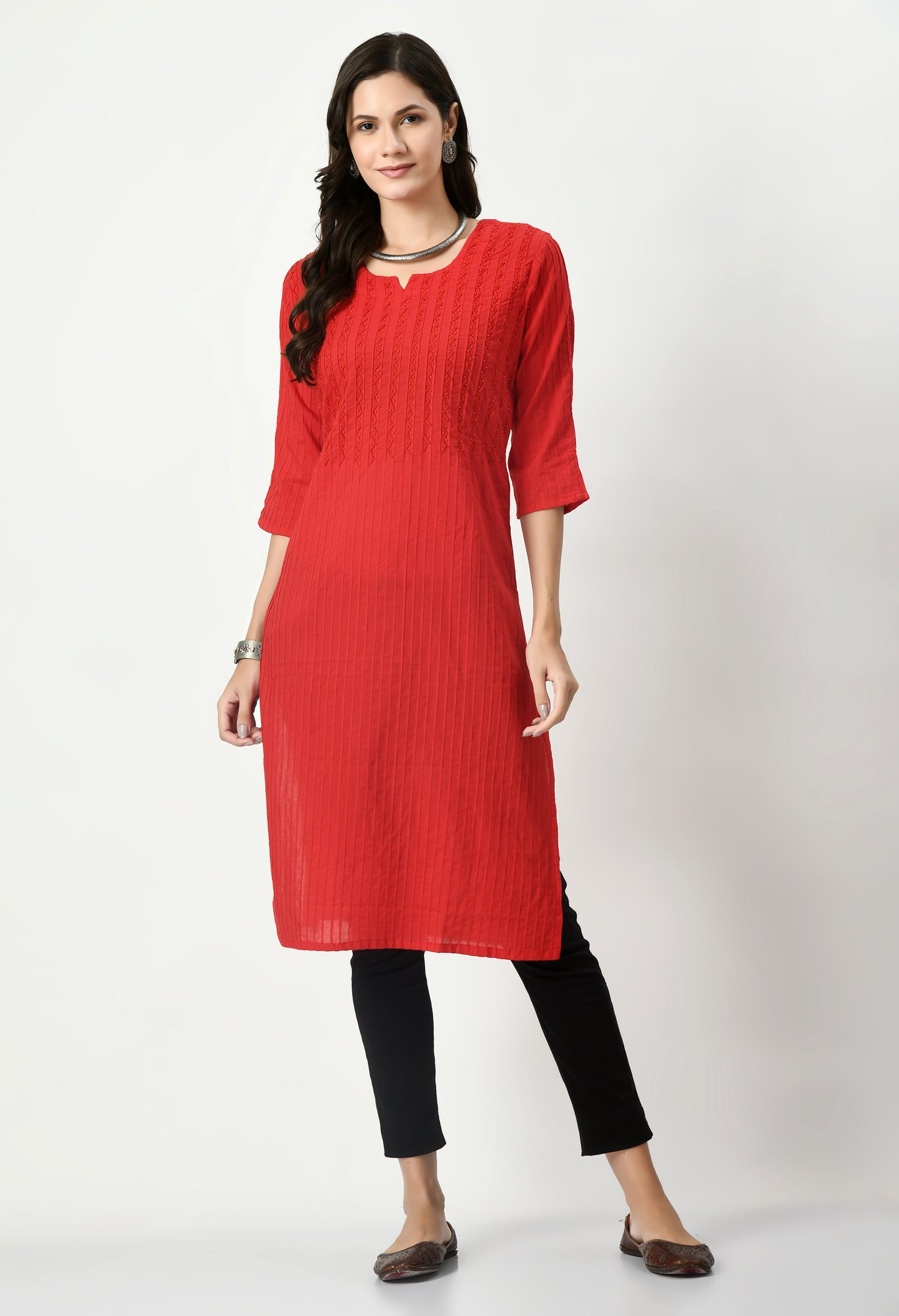 MAURYA Women's Pure Cotton Pintex Red Hand Work Calf Length Straight Kurti (MKT082)