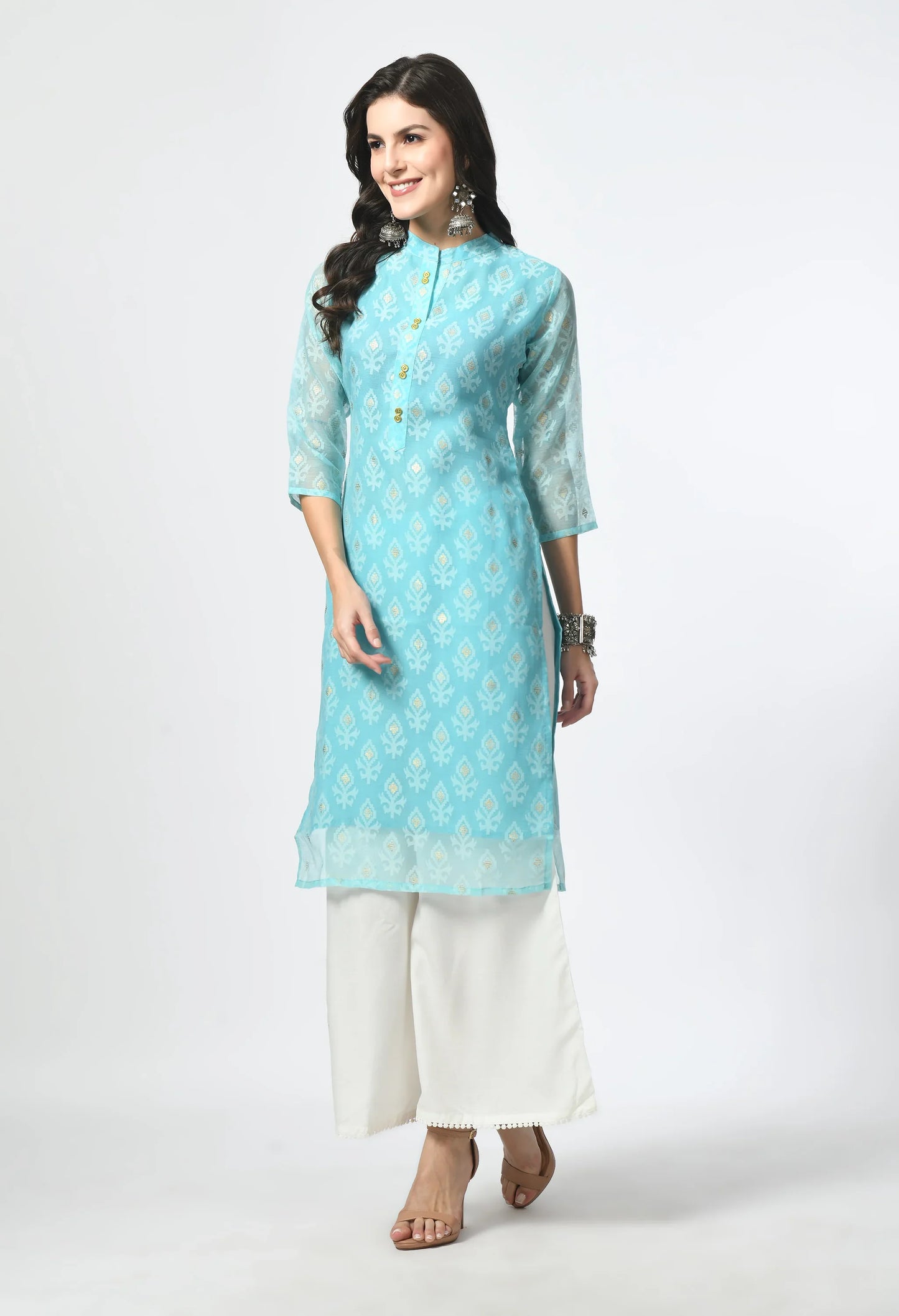 MAURYA Women's Rama Color Chanderi Braso Floral Print Straight Kurta with Cotton Lining Kurti (MKT108)