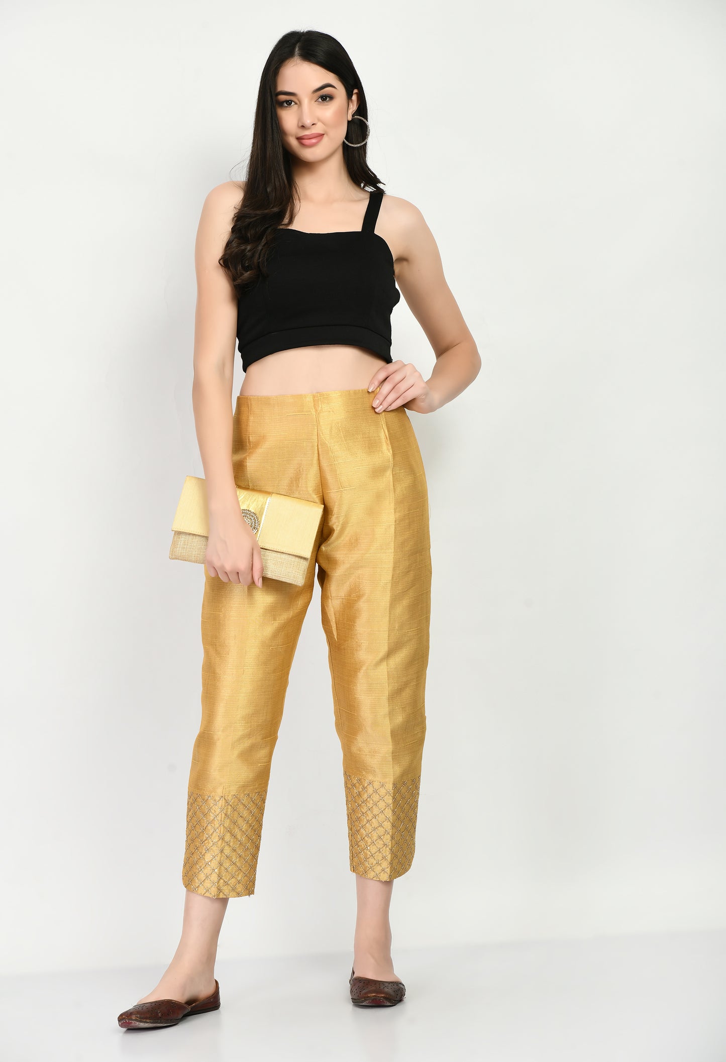 MAURYA Women's Silk Golden Color Cigarette Pant