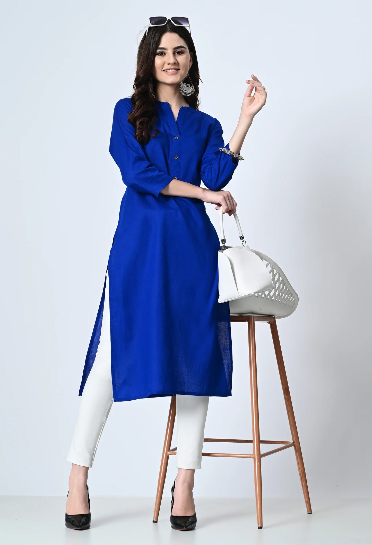 MAURYA Women's Royal Blue Color Solid Cotton Blend Regular Straight Kurti (MKT135)