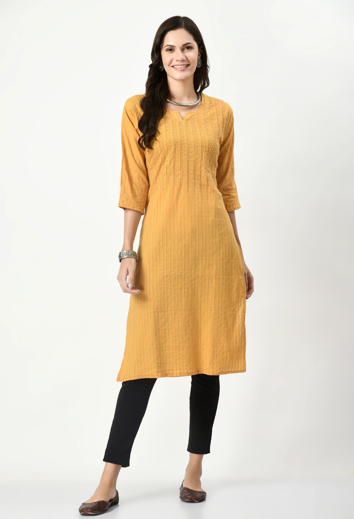 MAURYA Women's Pure Cotton Pintex Mustard Hand Work Calf Length Straight Kurti (MKT083)