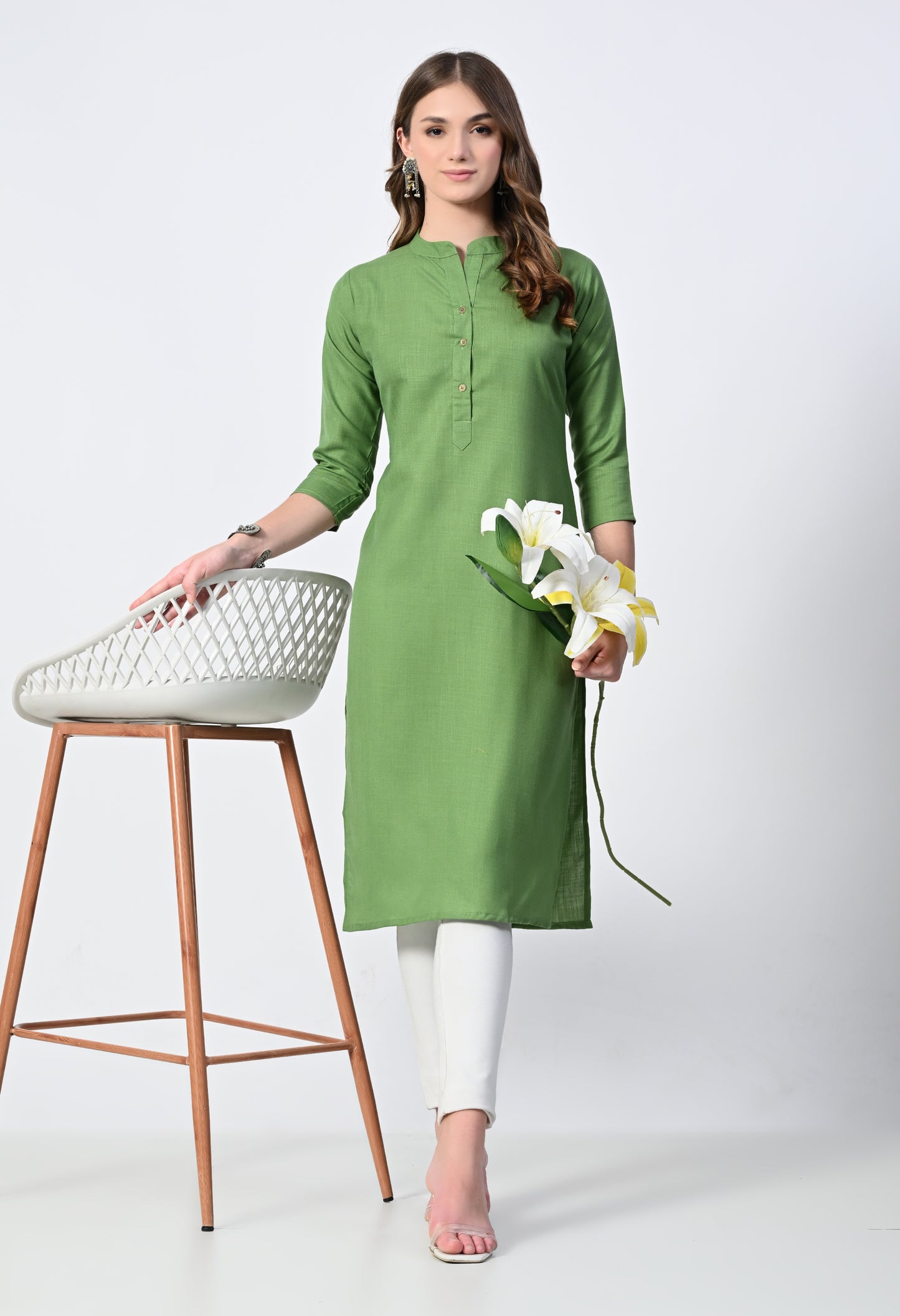 MAURYA Women's Olive Cotton Blend Solid Straight Kurti (MKT144)