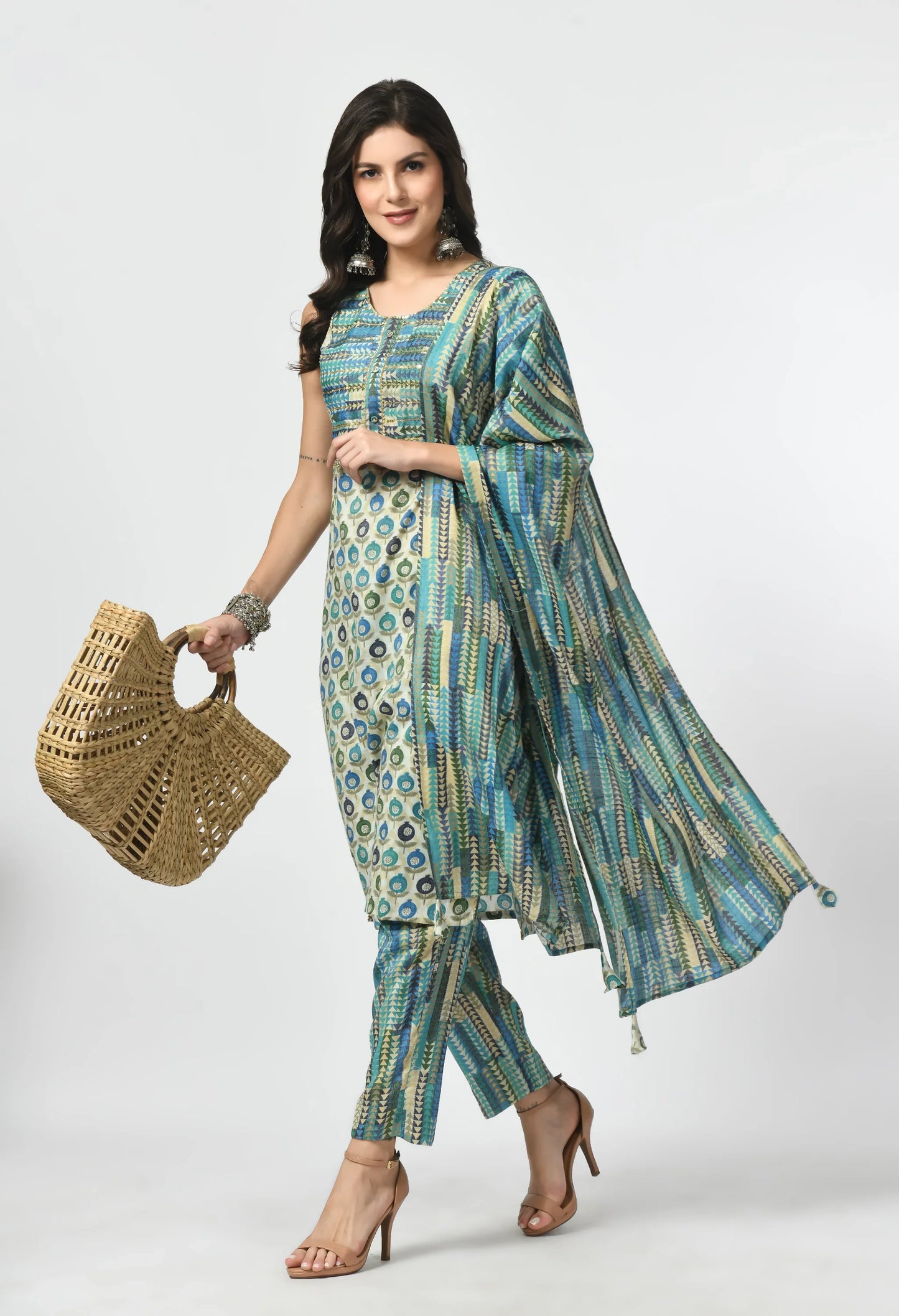 MAURYA Women's Rayon Slub Firoji Anaar Print A line Sippi Work Kurta with Pant & Dupatta (MKS040)