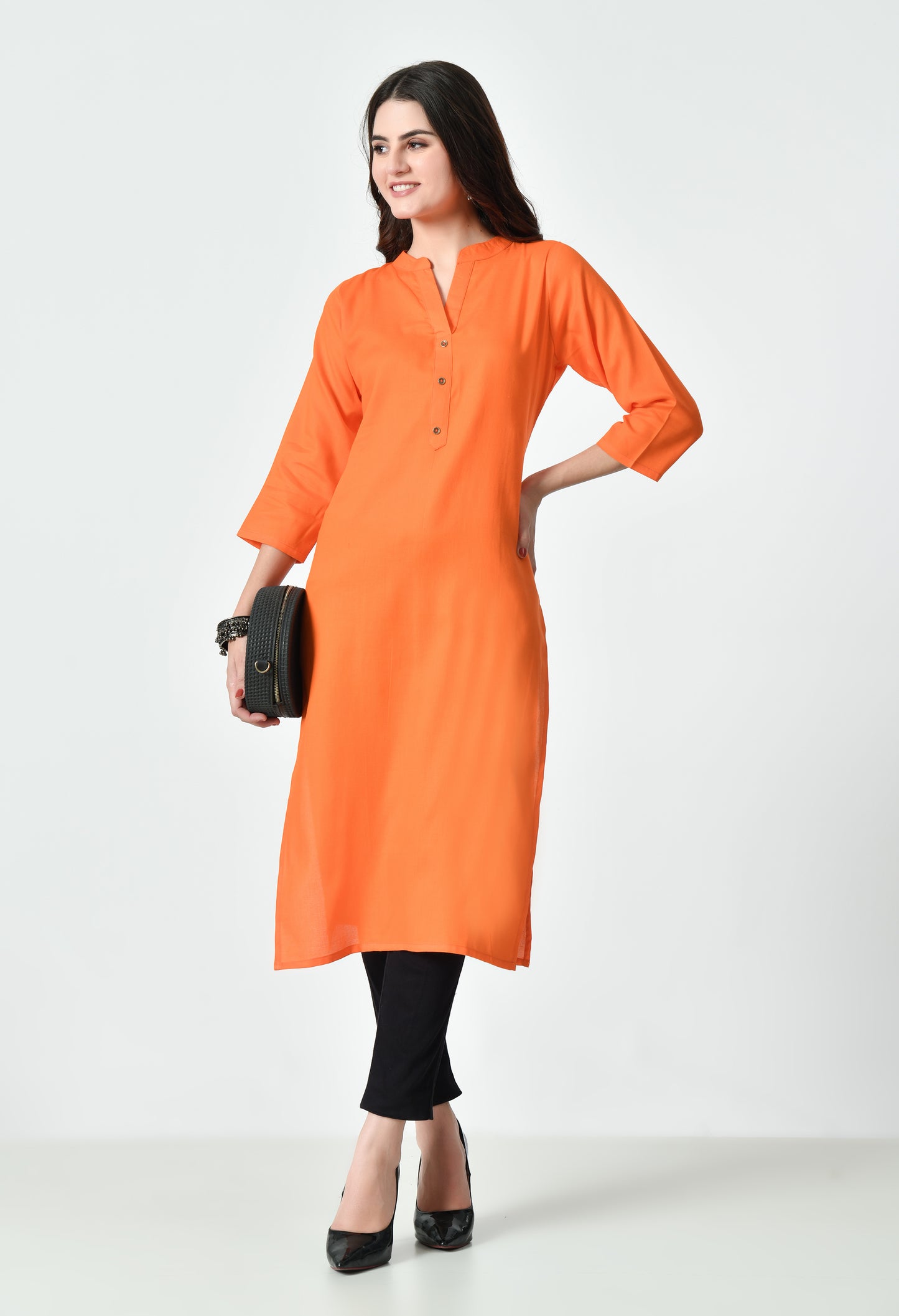 MAURYA Women's Orange Color Solid Cotton Blend Regular Straight Kurti (MKT129)