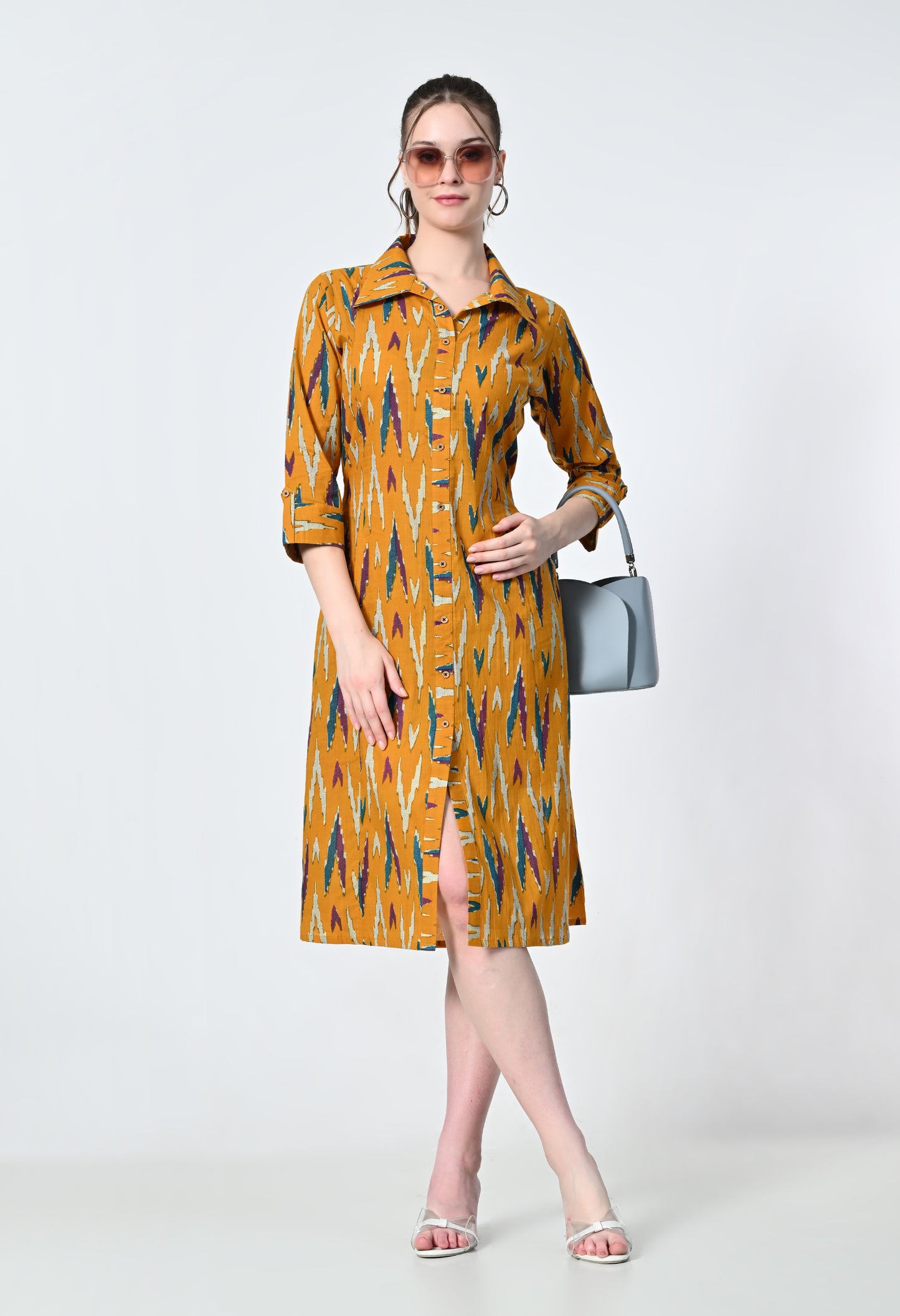 MAURYA Women's Mustard 100% Cotton Western Dress (MDR023)