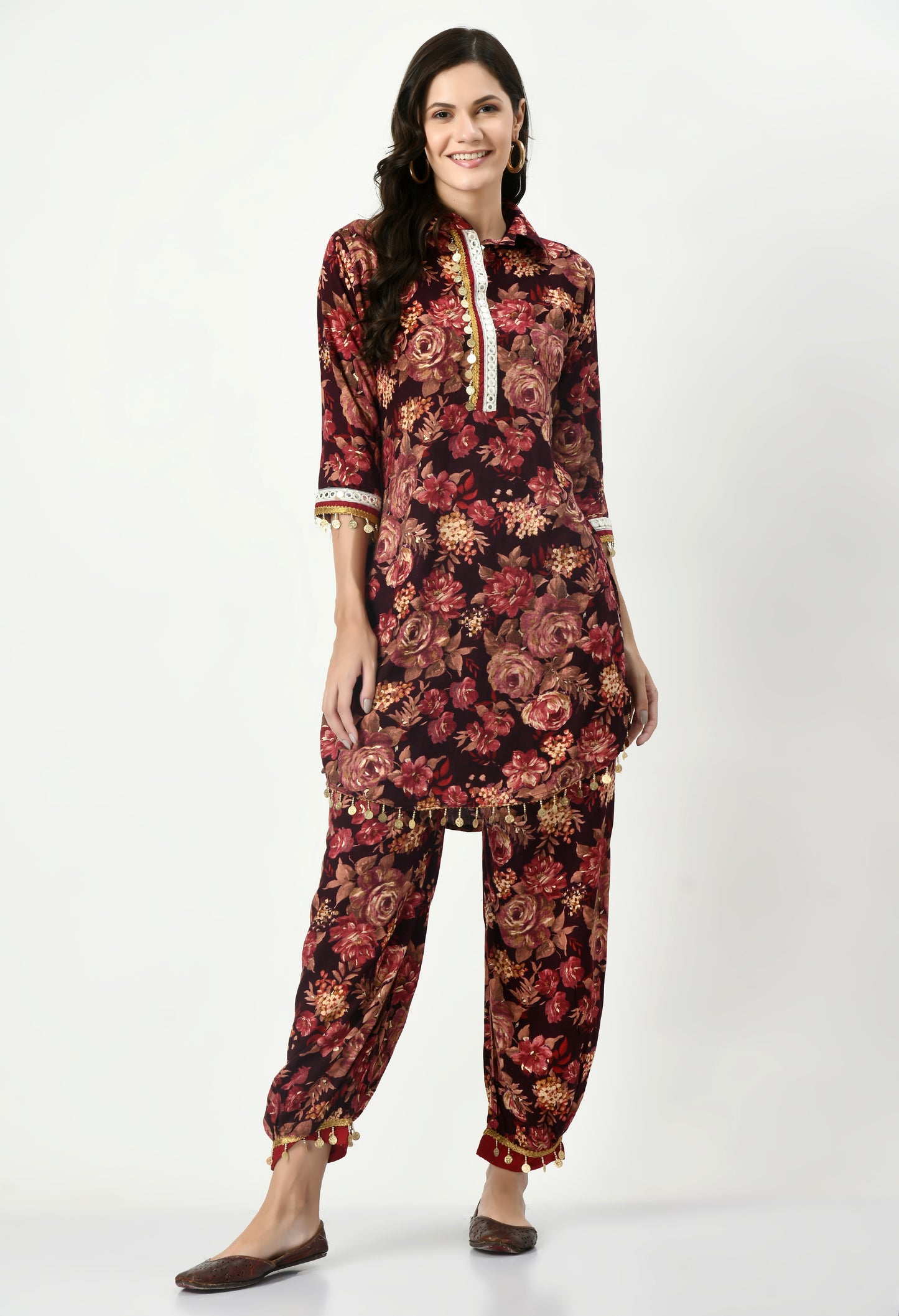 MAURYA Women's Rayon Maroon Floral Print Laced Ethnic Afgani Co-ord Set with 2 Side Pockets (MCS029)