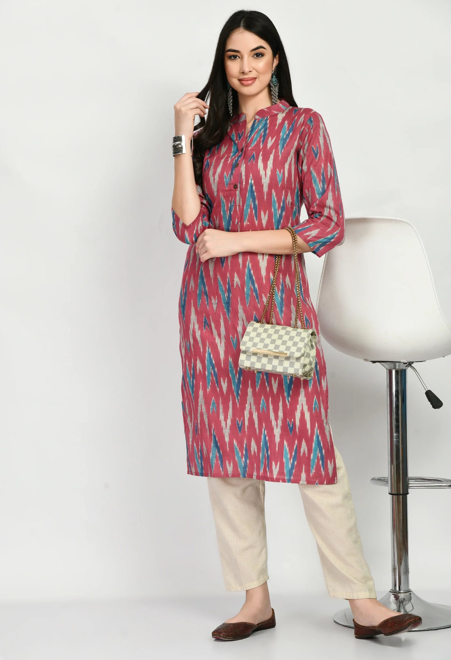 MAURYA Women's Cotton Ikkat Print Pink Color Calf Length Straight Kurta (MKT027)