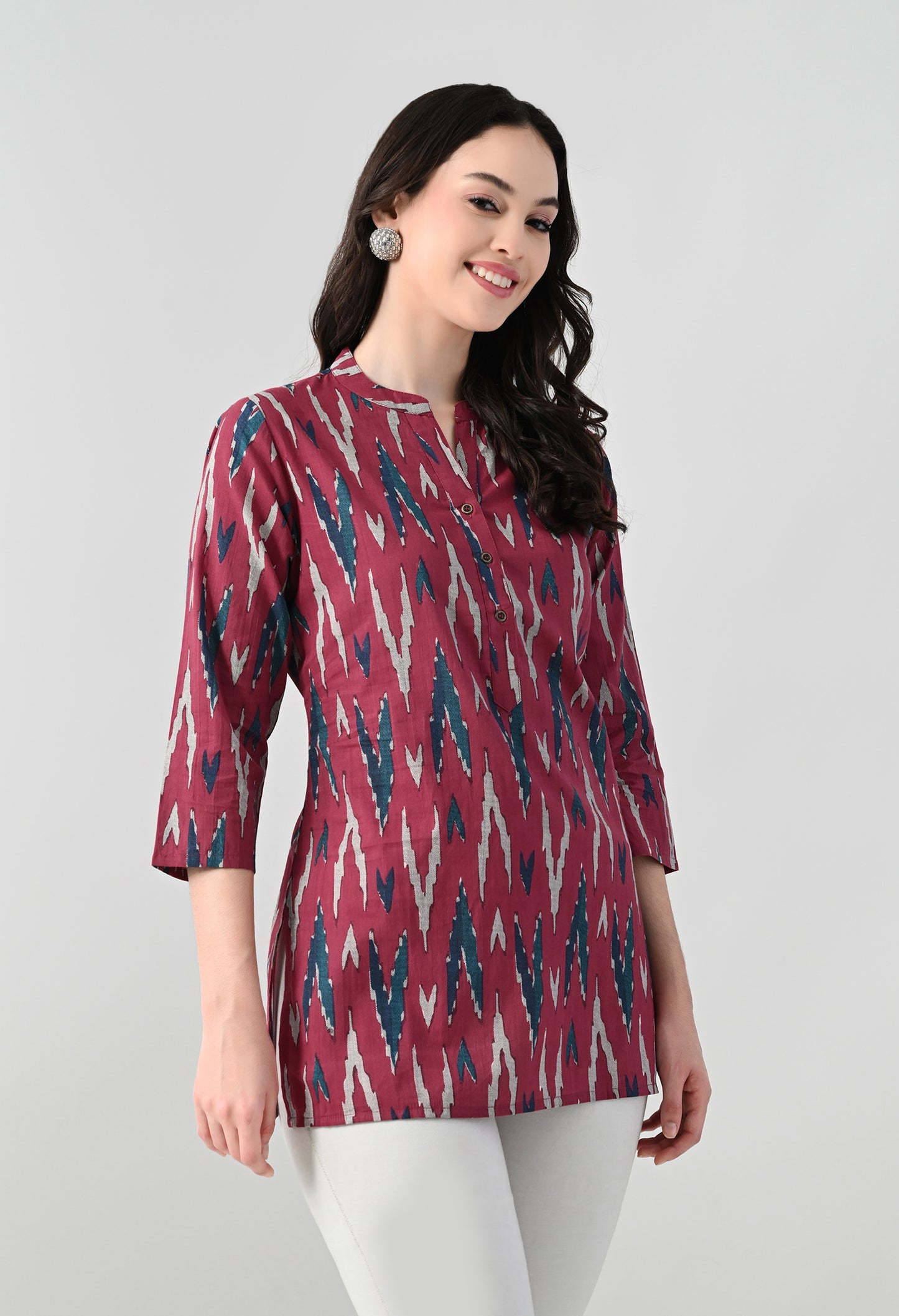 MAURYA Women's Pink Color Ikkat Print Regular V Neck Top (MTOP008)