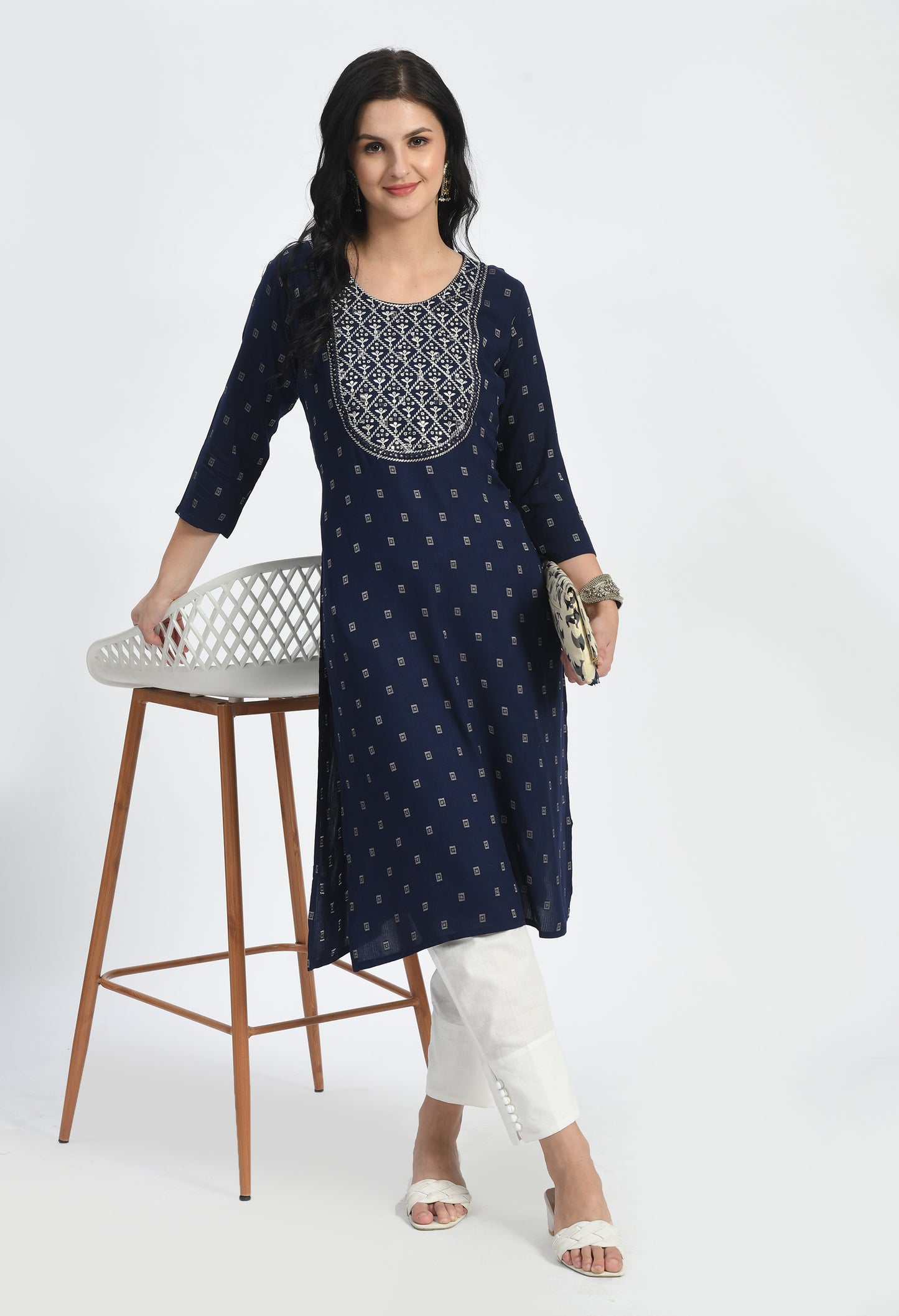 MAURYA Women's Navy Self Rayon Boota Solid Straight Kurta with Computer Embroidery Mirror Work Kurti (MKT112)