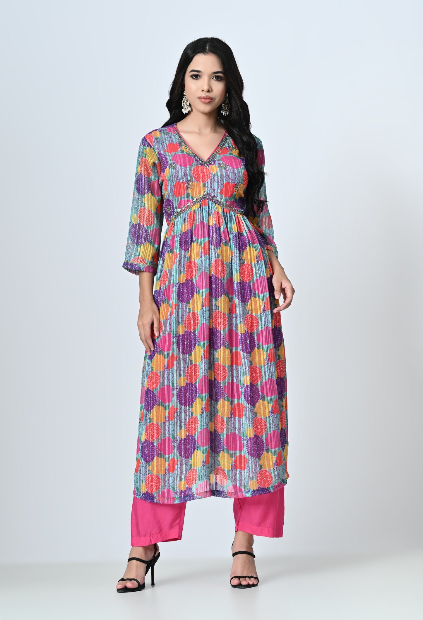 MAURYA Women's Chiffon Pink Colour Hand Work Party Wear Naira Kurta Set with Fancy Sequence Dupatta (WMKS010)