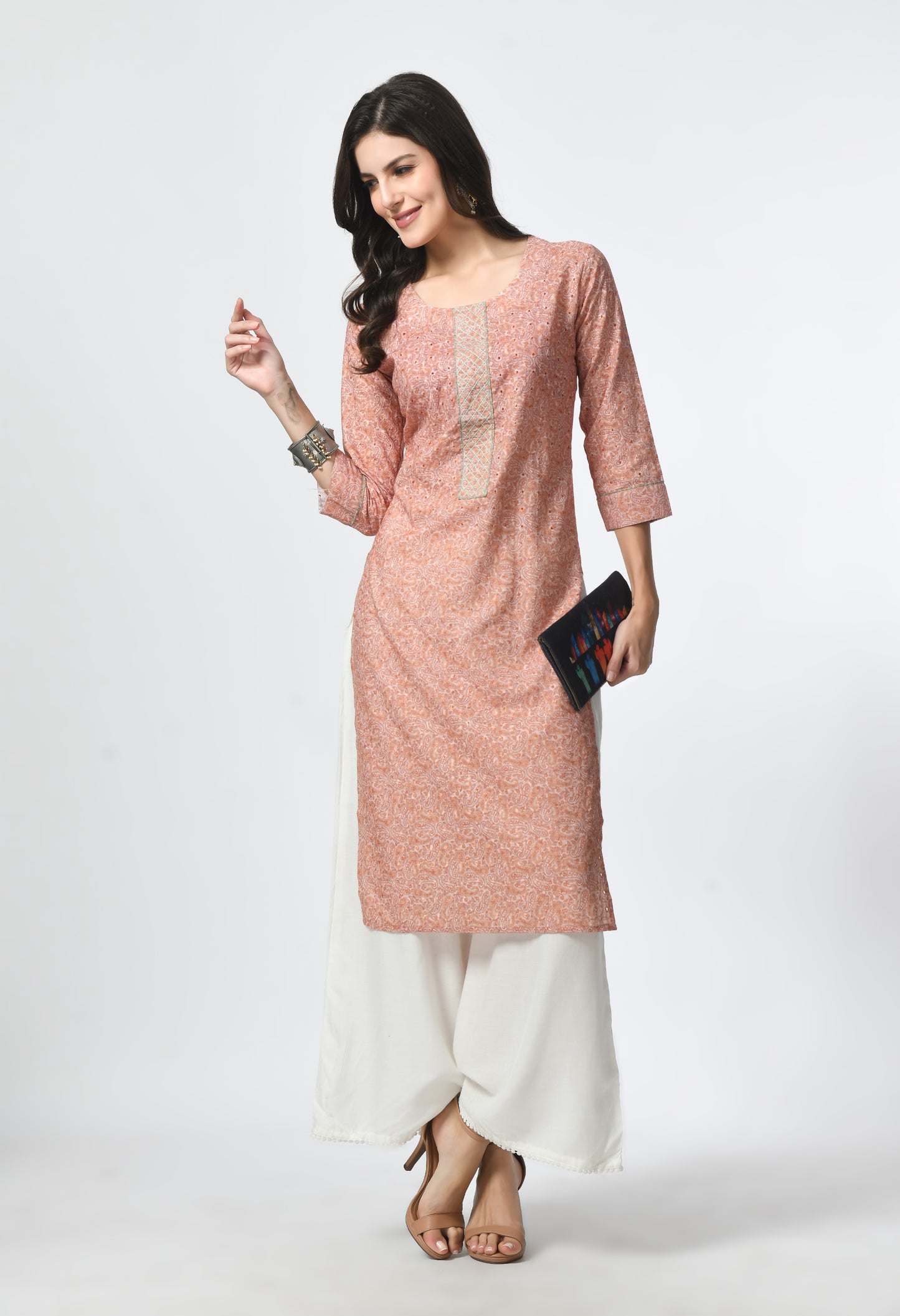 MAURYA Women's Peach Cotton Paisley Straight Kurta with Shifly Embroidery Kurti (MKT117)