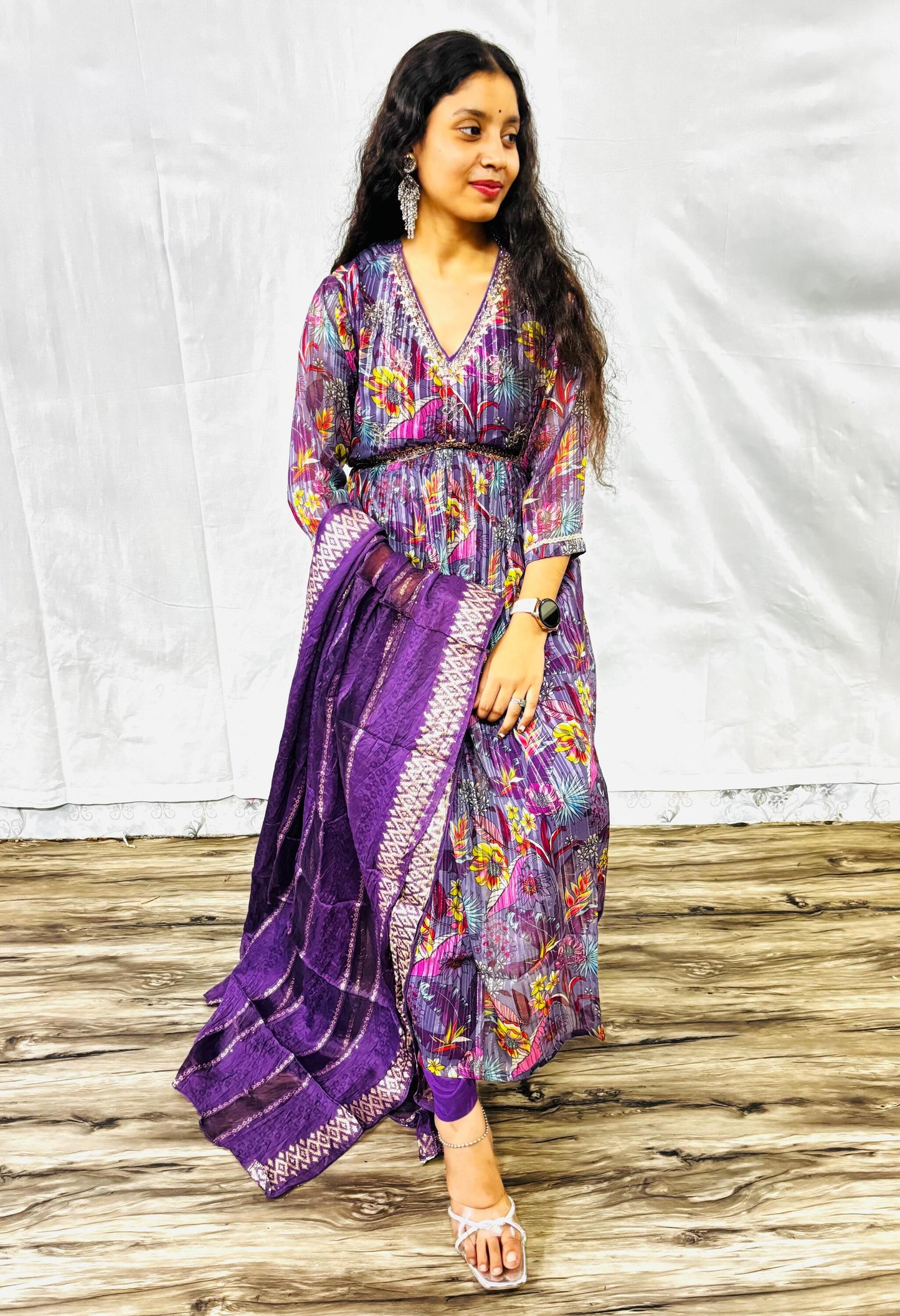 MAURYA Women Purple Printed Chiffon Naira Cut Set with Dupatta (WMKS025)