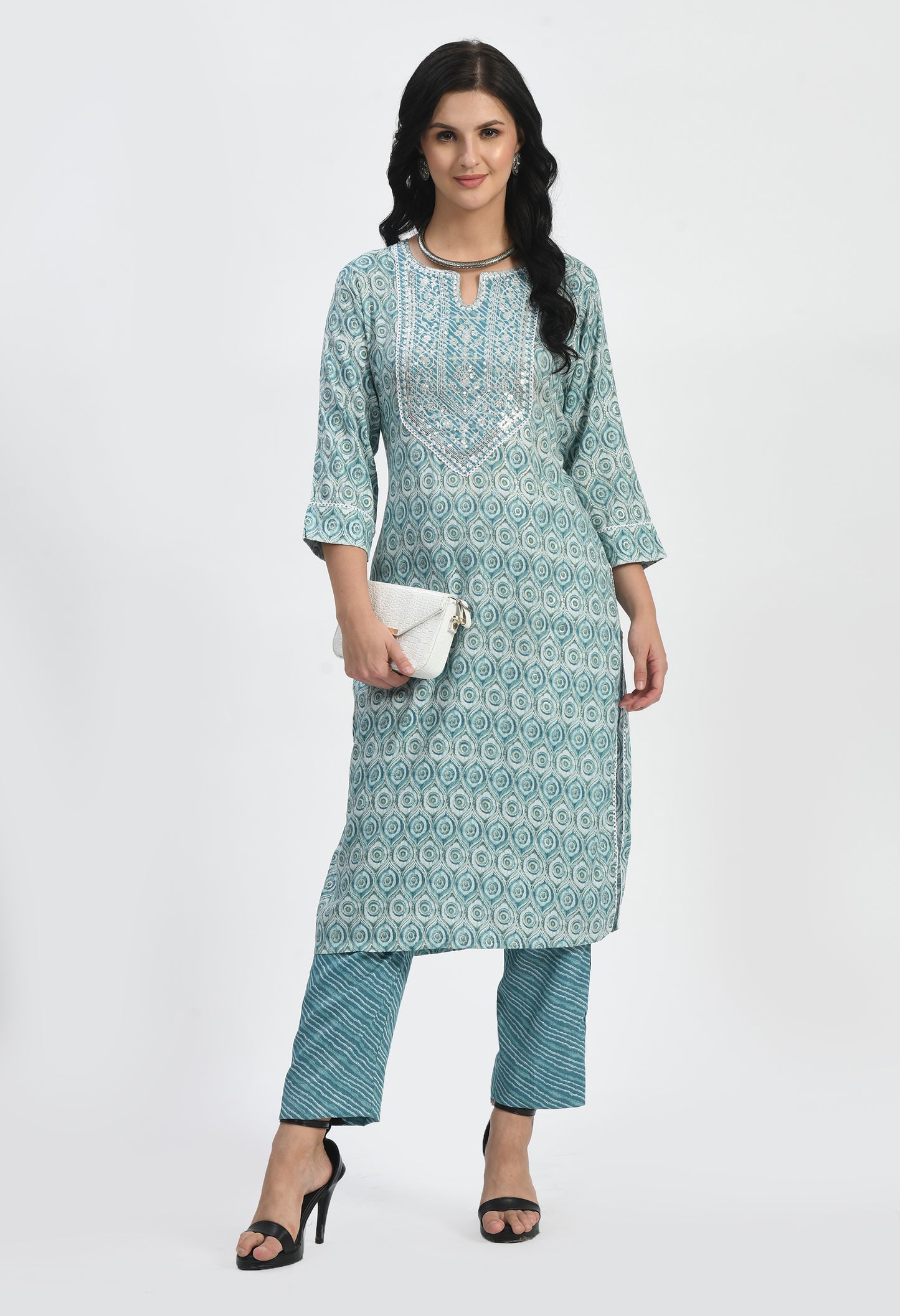 MAURYA Women's Rayon Slub Rama Eyes Print Computer Embroidery with Sippi Work A line Kurta with Pant & Dupatta (MKS041)