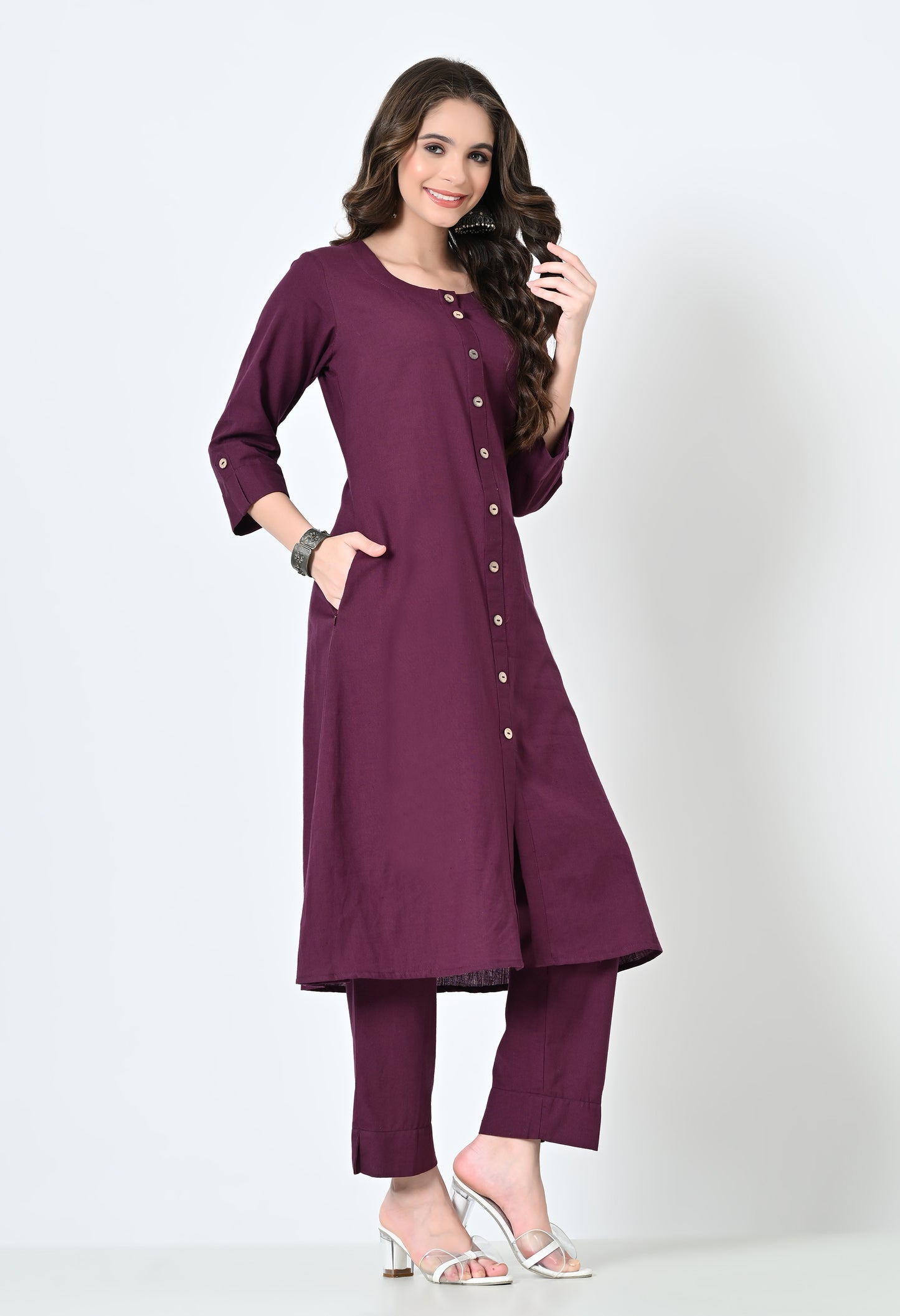 MAURYA Women's Cotton Flex Solid Purple A line Buttoned Kurta with Pant with 2 Side Pocket (MKS043)