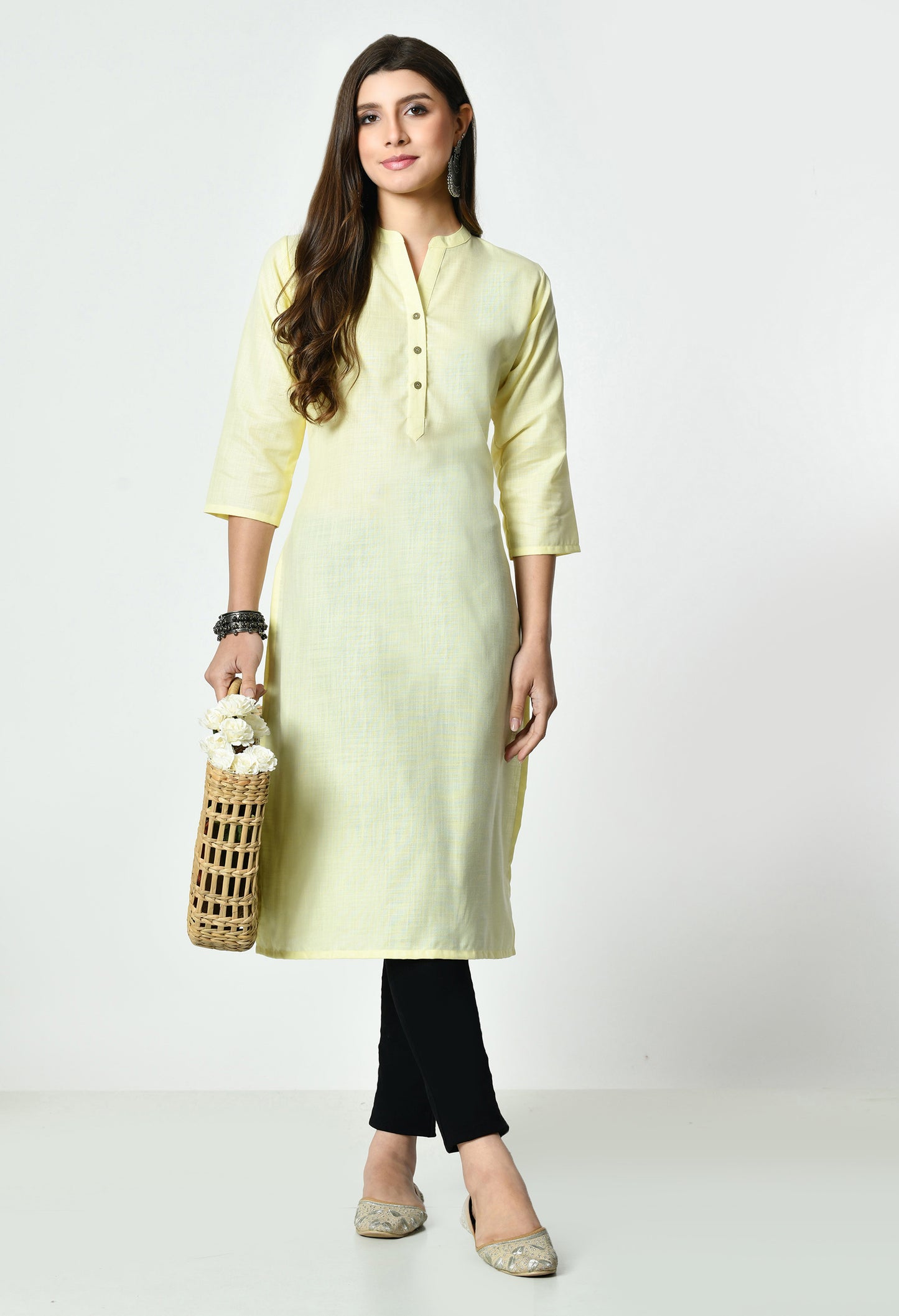 MAURYA Women's Light Yellow Colour Solid Straight Cotton Kurti (MKT149)