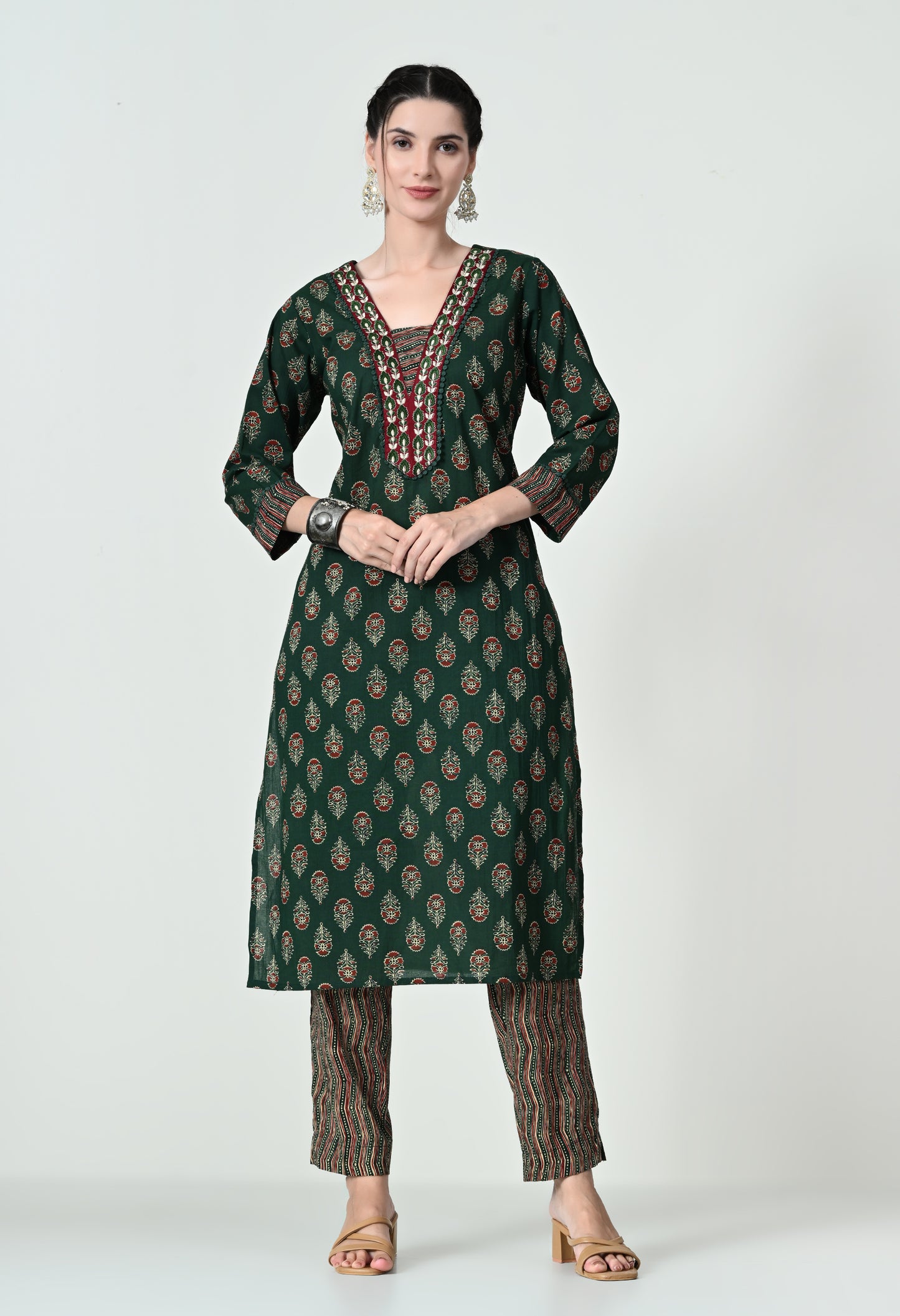 MAURYA Women's 100% Cotton Kalamkari Print Green Colour Embroidery with Lace Kurta Set with Trendy Dupatta (WMKS005)