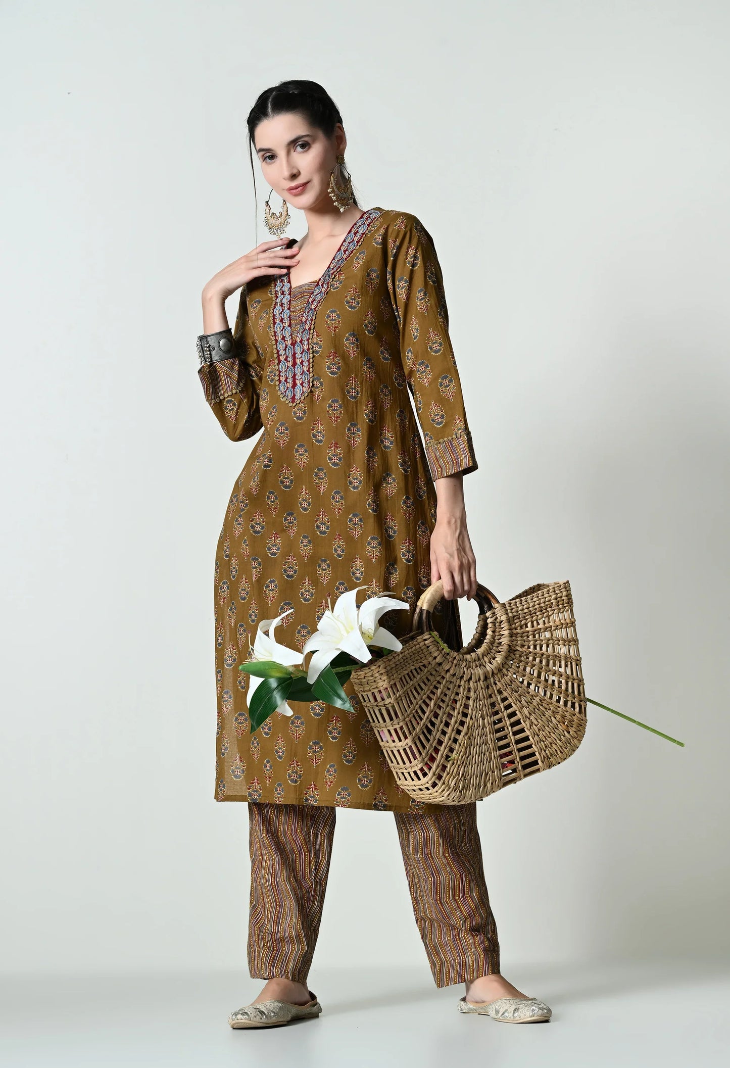 MAURYA Women's 100% Cotton Kalamkari Print Mustard Colour Embroidery with Lace Kurta Set with Trendy Dupatta (WMKS003)