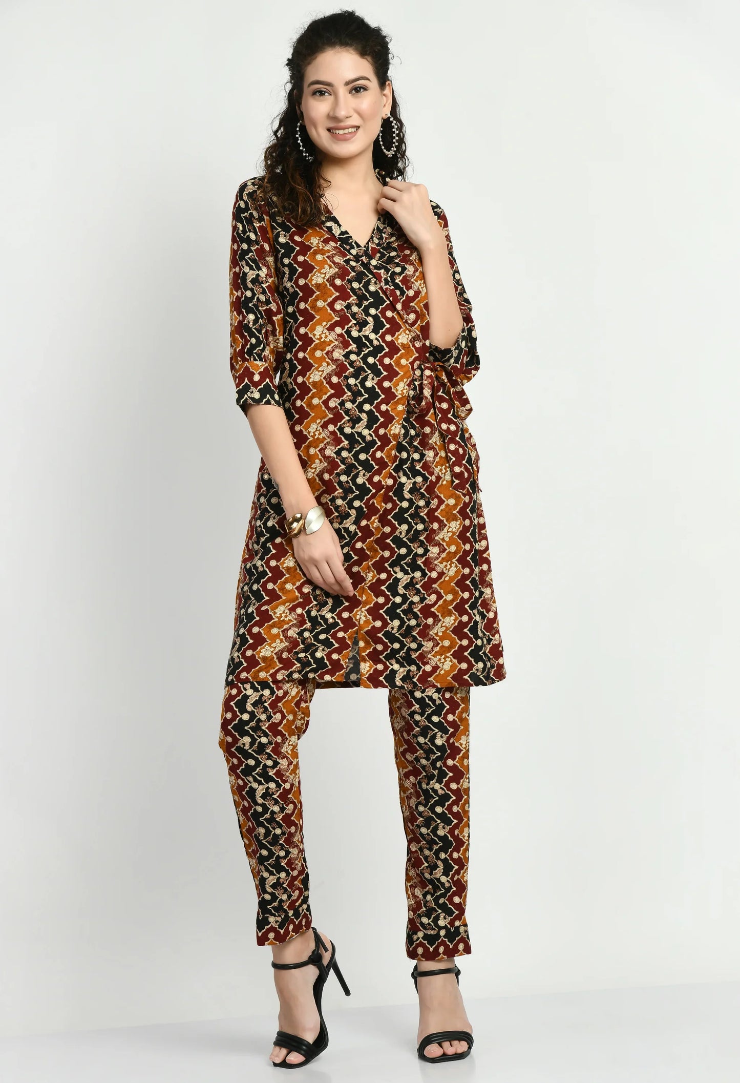 MAURYA Women's Rayon Angrakhha Maroon Printed Co-ord with 2 Side Pockets (MCS010)