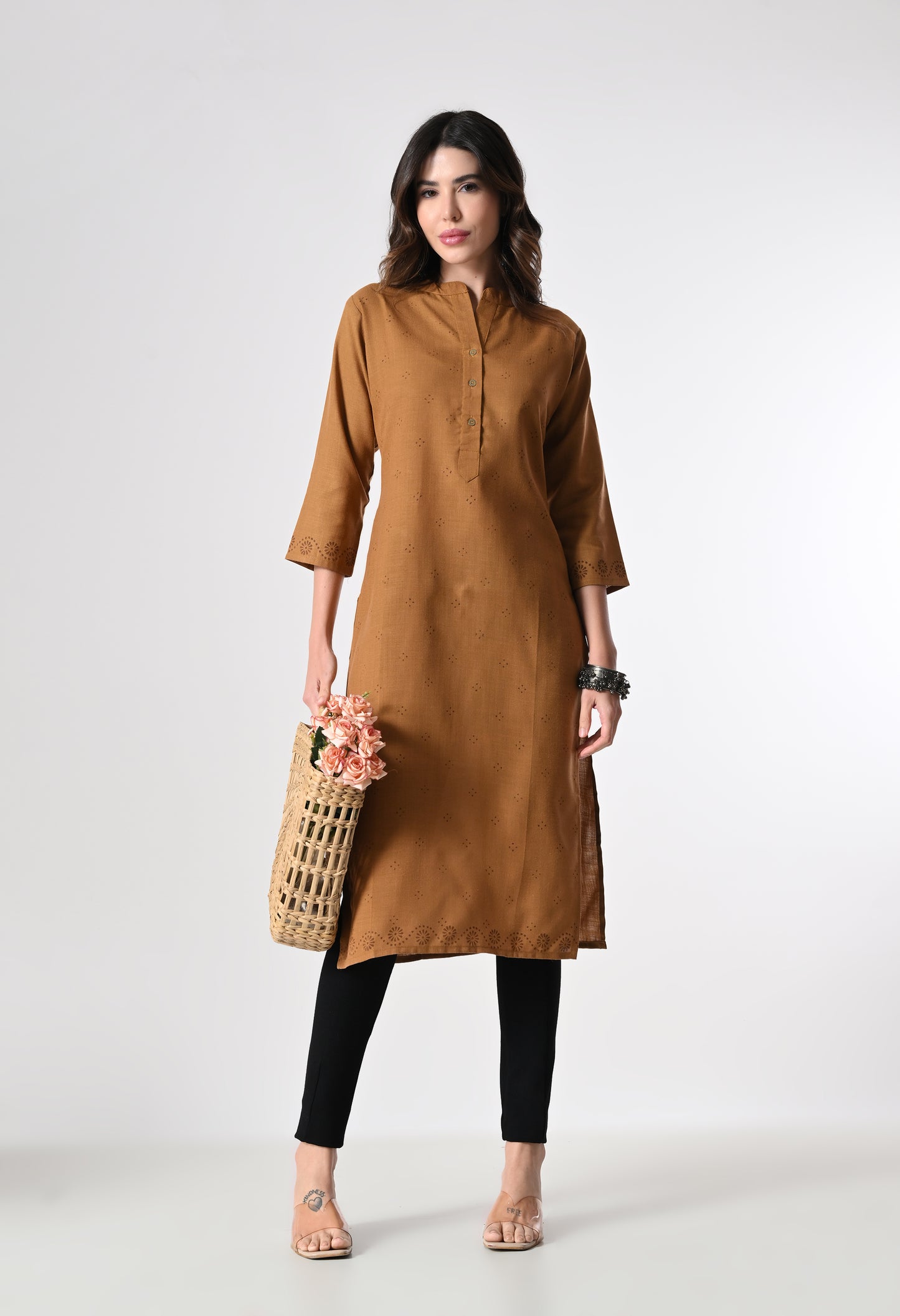 MAURYA Women's Cotton Blend Printed Coffee Calf Length High Neck Straight Kurta
