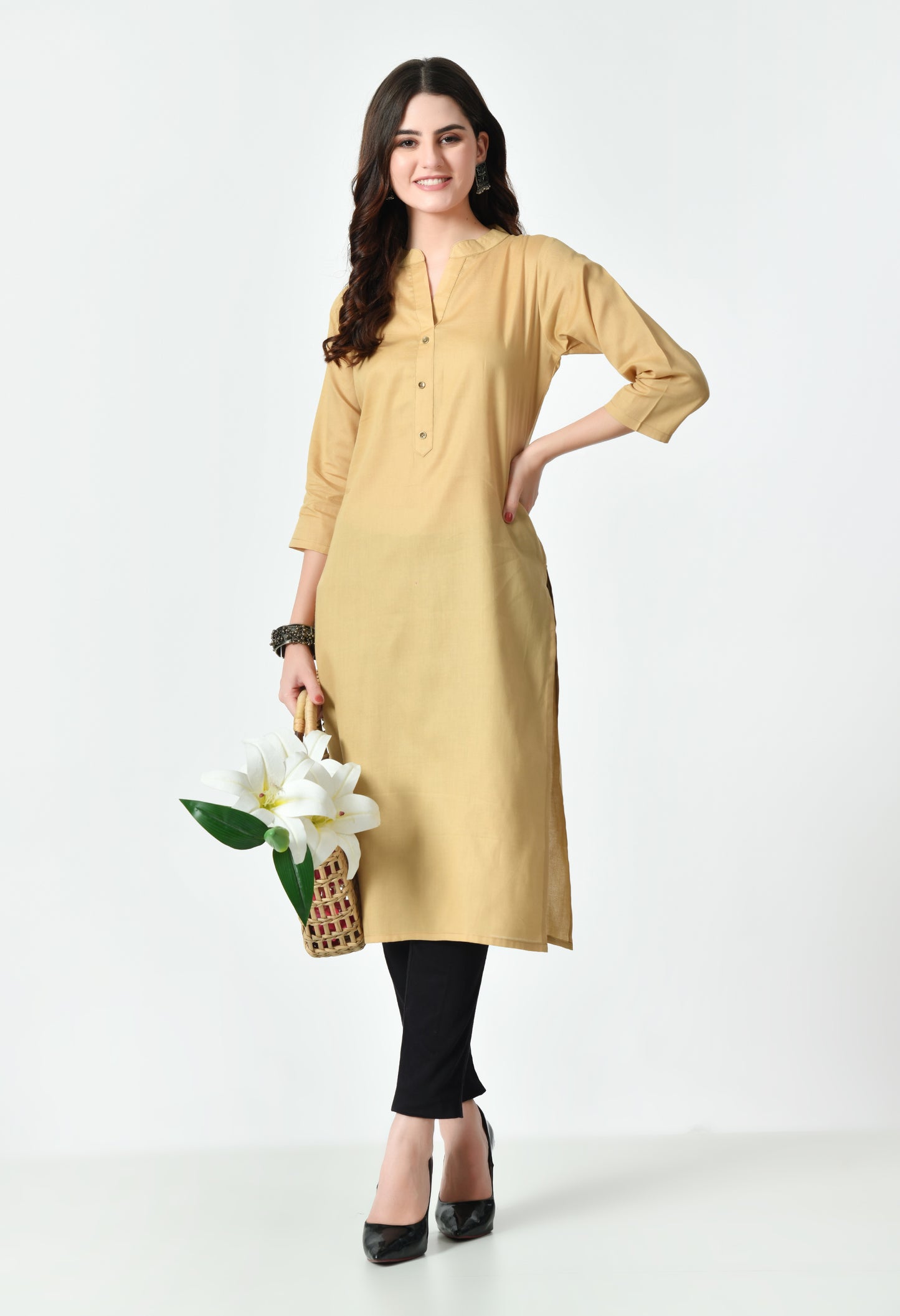 MAURYA Women's Beige Color Solid Cotton Blend Regular Straight Kurti (MKT130)