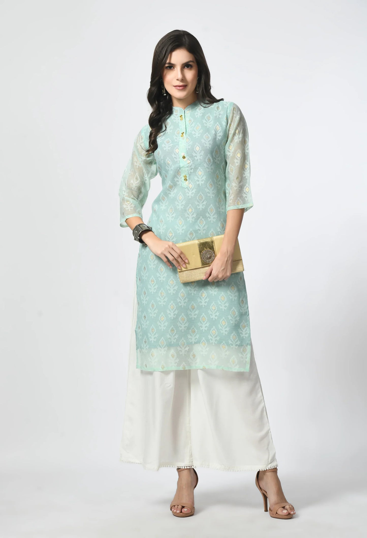 MAURYA Women's Pista Color Chanderi Braso Floral Print Straight Kurta with Cotton Lining Kurti for Women (MKT109)