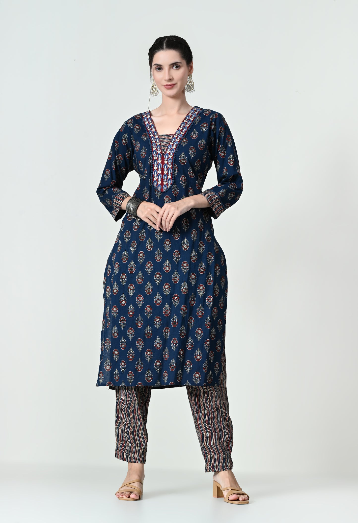 MAURYA Women's 100% Cotton Kalamkari Print Blue Colour Embroidery with Lace Kurta Set with Trendy Dupatta (WMKS004)