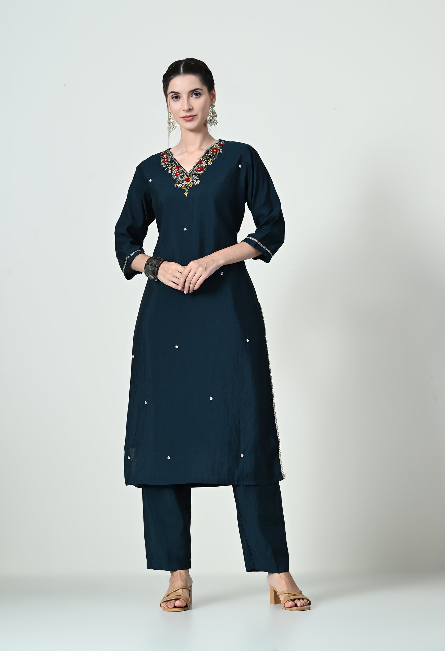 MAURYA Women's Navy Blue Colour Poly Silk Embroidered V-Neck Kurta Set with Stylish Dupatta (WMKS002)