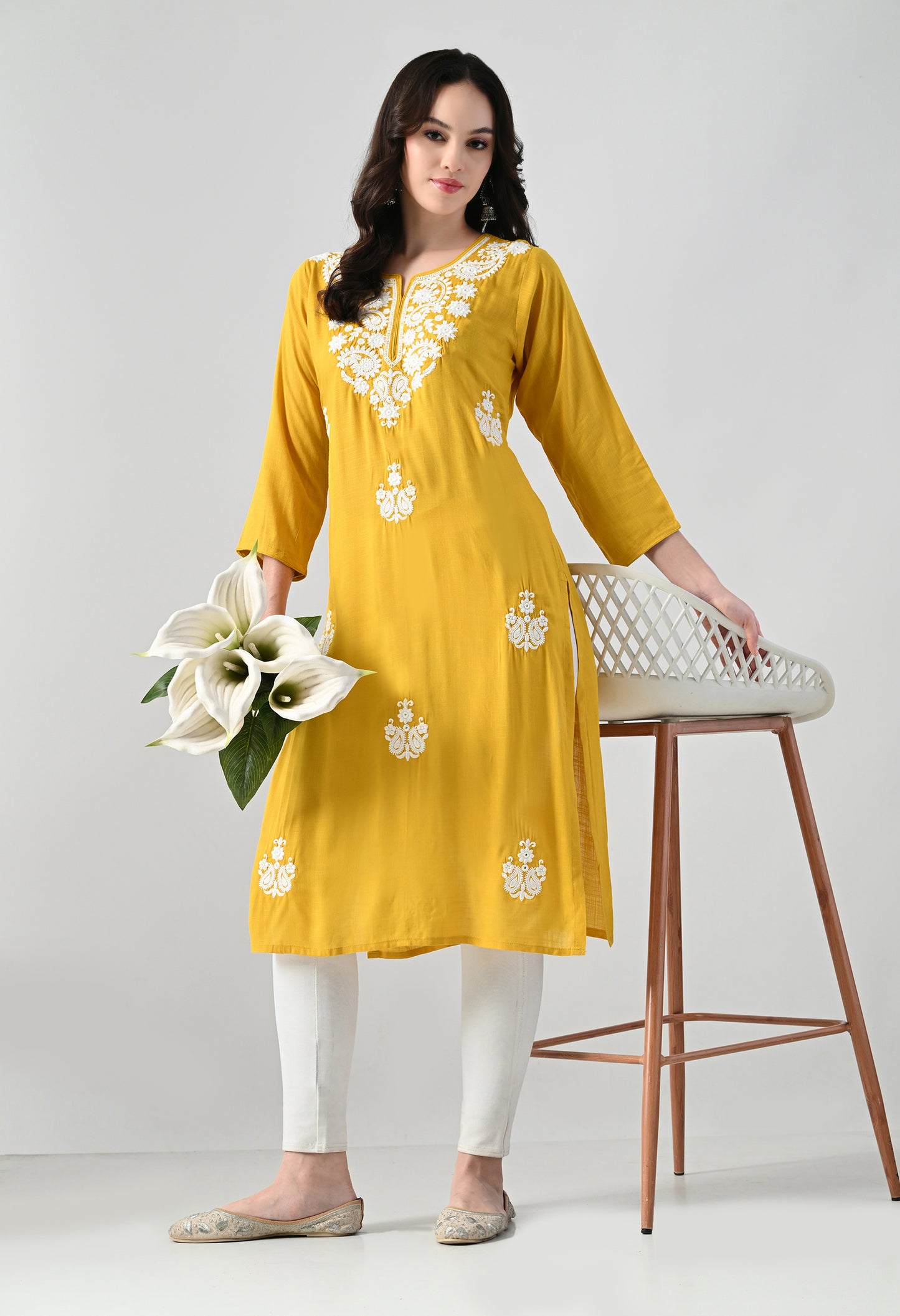 MAURYA Women's Yellow Rayon Slub Round Neck Embroidered Kurti (MKT146)