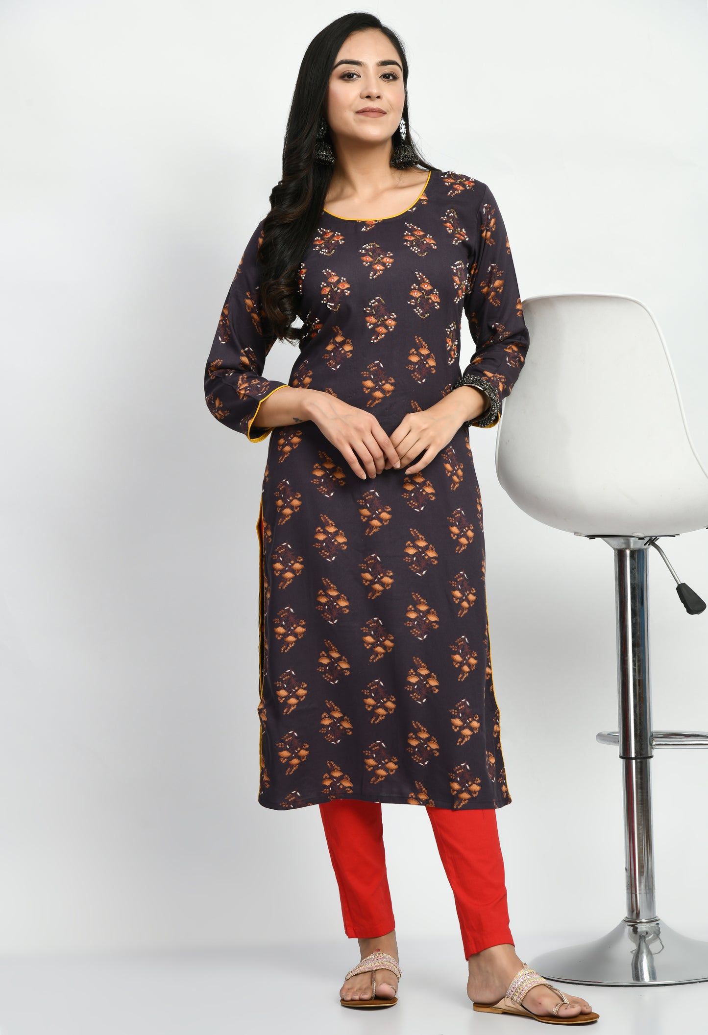 MAURYA Women's Rayon Coffee Solid Calf Length Floral Print with Beads and Mirror Straight Kurti with Mask (MKT047)