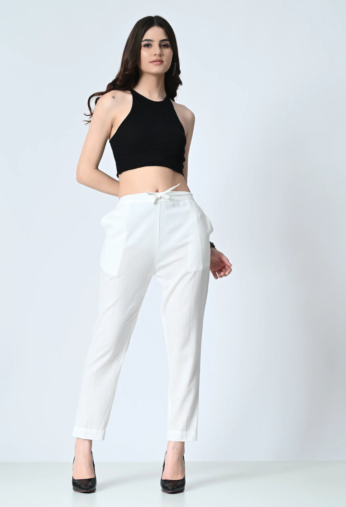 MAURYA Women's White Solid 100% Cotton Pant with 2 Side Pockets (MPT017)